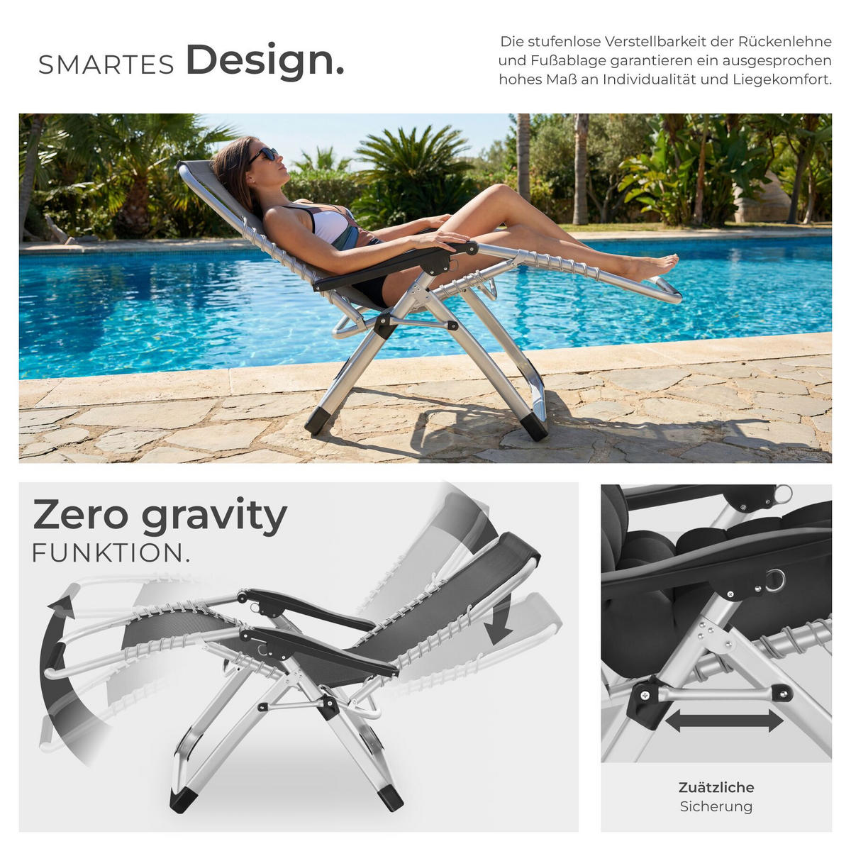 SONNENLIEGE 2er Set Cloud, 84 x 168 x 82,5 cm, mit Ablagetisch, schwarz - Schwarz, Kunststoff (84/103/113cm) - tectake