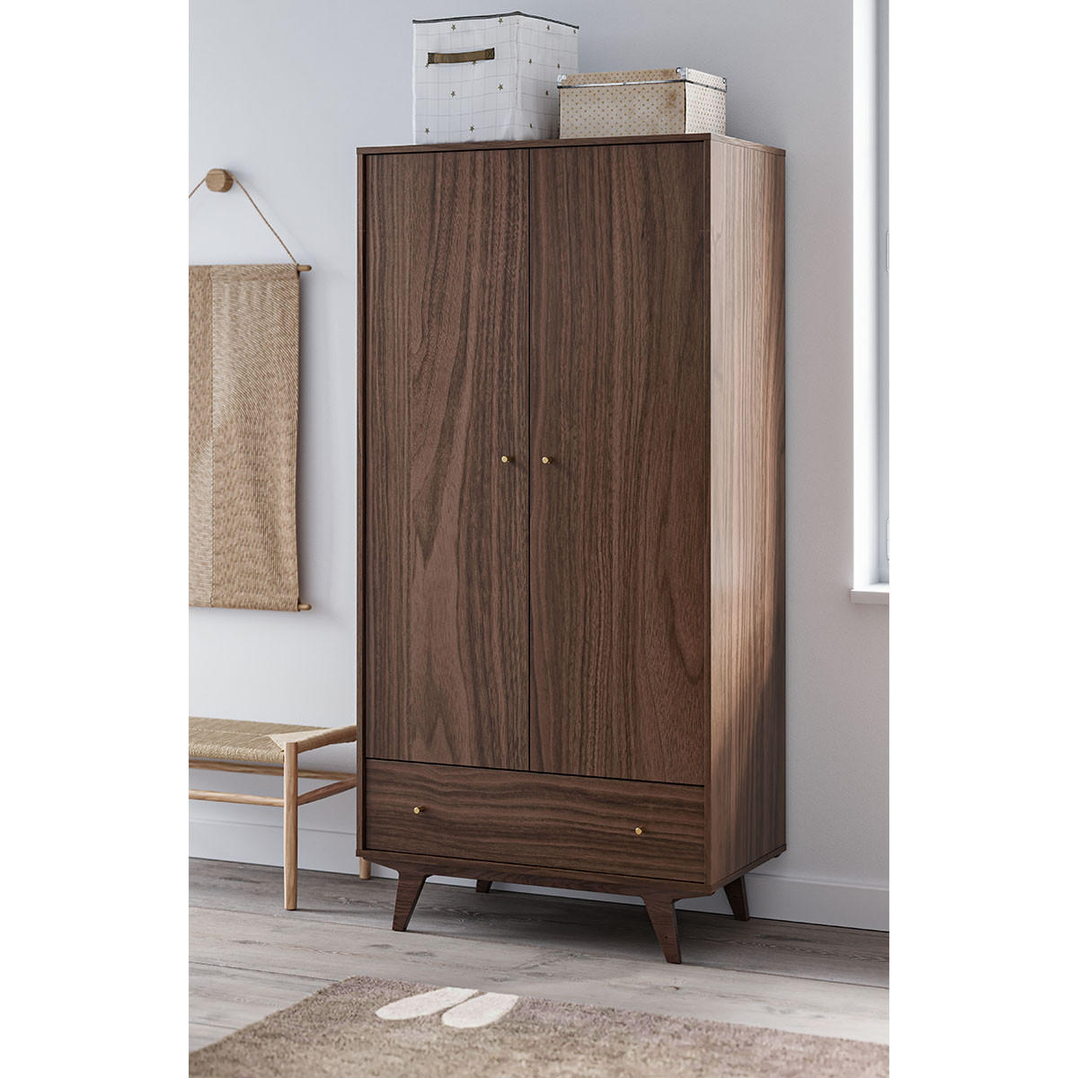 KLEIDERSCHRANK 2 Türen 1 Schublade Mid - H185 cm - Nussbaumfarben, Holzwerkstoff (50/185/90cm) - Calicosy