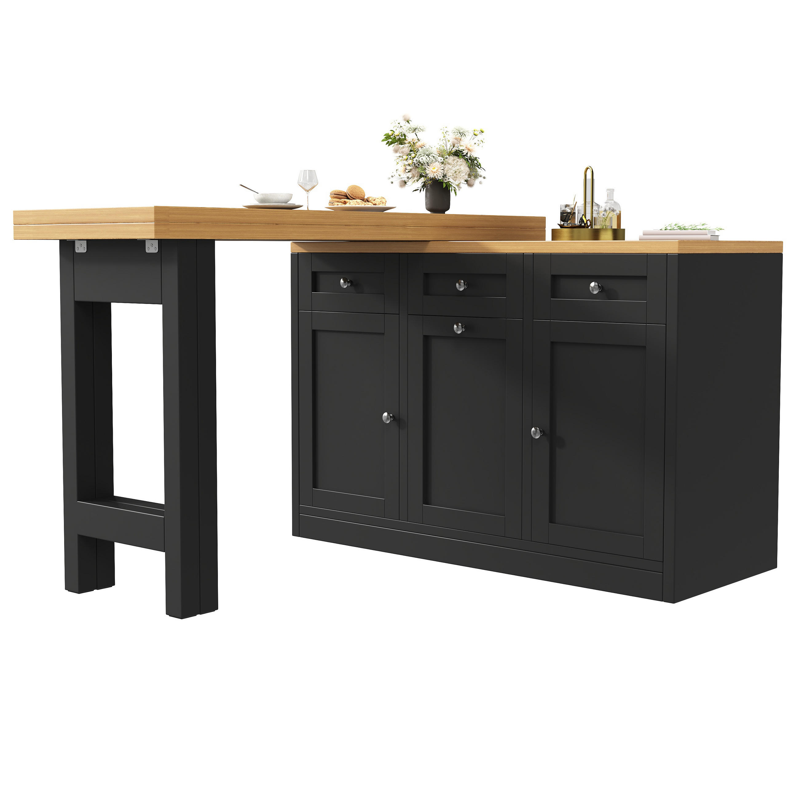 BARTISCH DE-38359 120/200 cm ausziehbar mit Schublade und Mülleimerhalter Schwarz - Schwarz, Holzwerkstoff (40/120/75.5cm) - ComfortXL