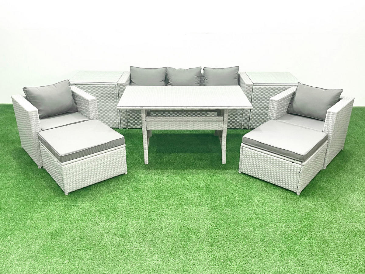 GARTENMÖBEL SET mit Sofa,2 Großer Hockern,2 Beistelltischen Polyrattan Hellgrau 7-Sitzer - Hellgrau/Grau, Glas/Kunststoff - Fimous