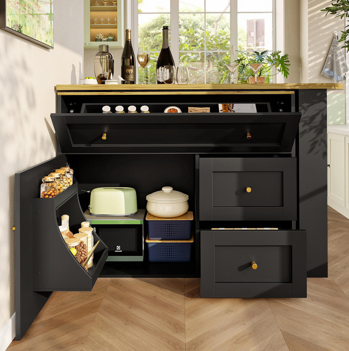 BAROVÝ stůl z MDF a kovu 138-204x39x105 cm černý s úložným prostorem a 360° otočnou deskou - černá, kompozitní dřevo (204/105/39cm) - Modfu
