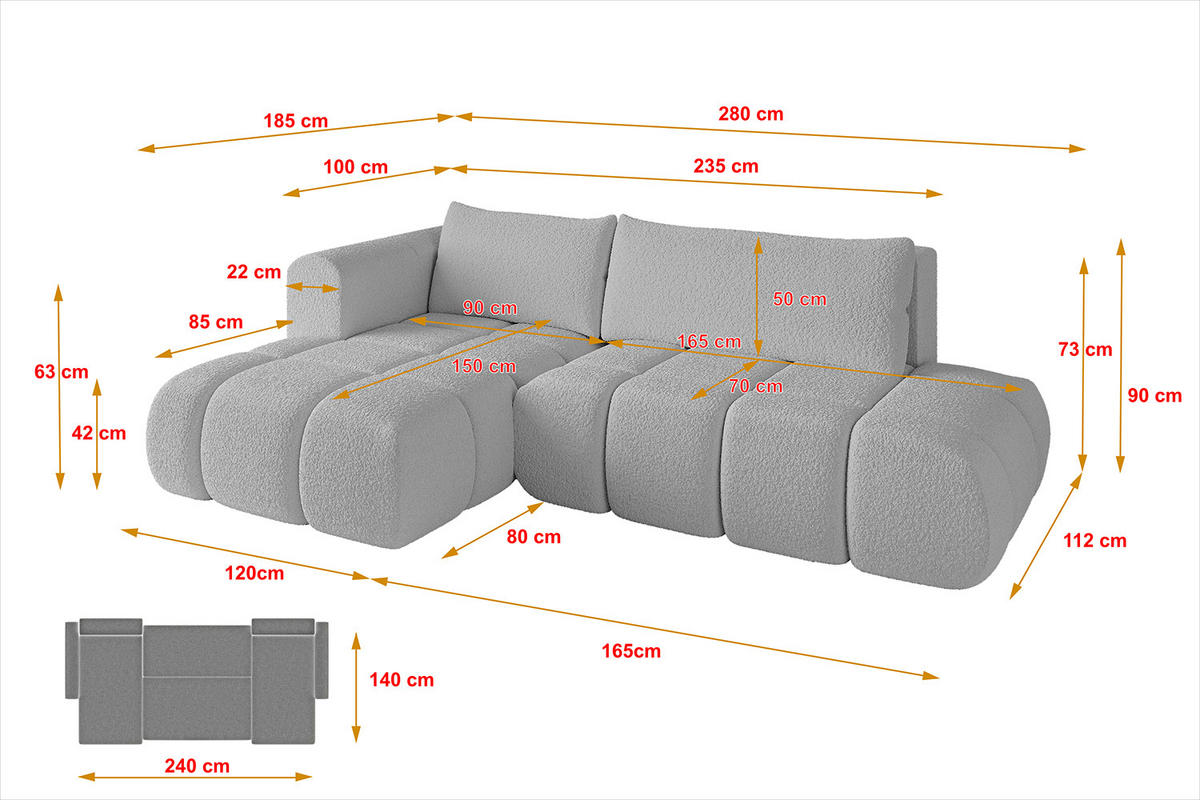 ECKSOFA Ottomane Links CLOUD-L 280x185x90 Hellgrau Bouclé - Hellgrau, Holzwerkstoff/Kunststoff (180/289cm) - ALTDECOR