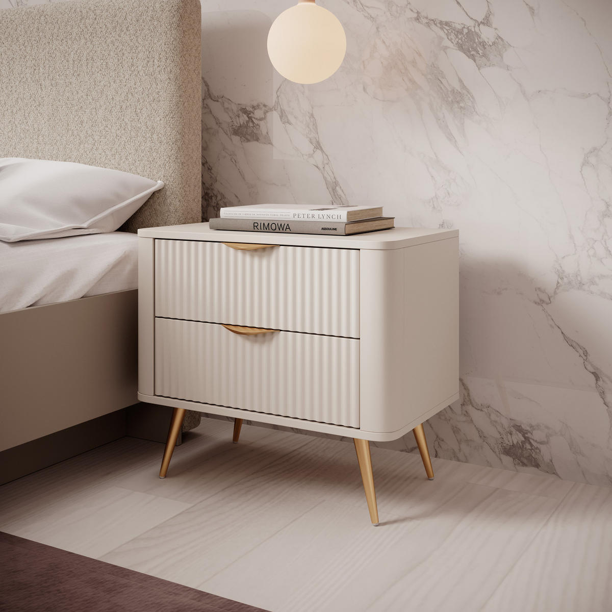 NACHTKONSOLE Flore Beige / Gold - 48 cm - mit 2 geriffelten Schubladen - Beige/Gelb, Holz/Holzwerkstoff (63/55/38cm) - Ravio