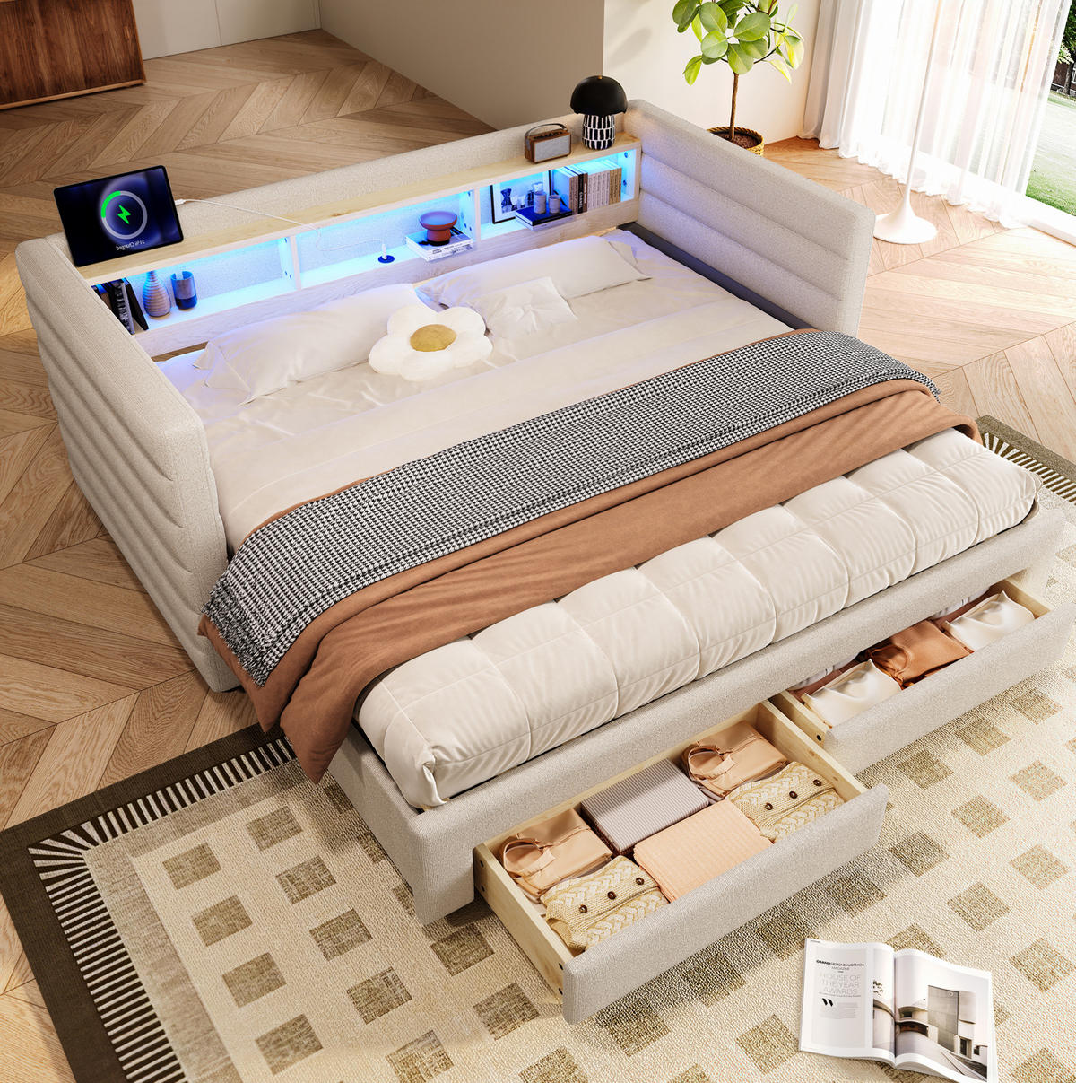 SAMT-POLSTERBETT 90/190 cm mit LED-Beleuchtung und Stauraum in Beige - Beige, Textil (90/190cm) - BEAOK