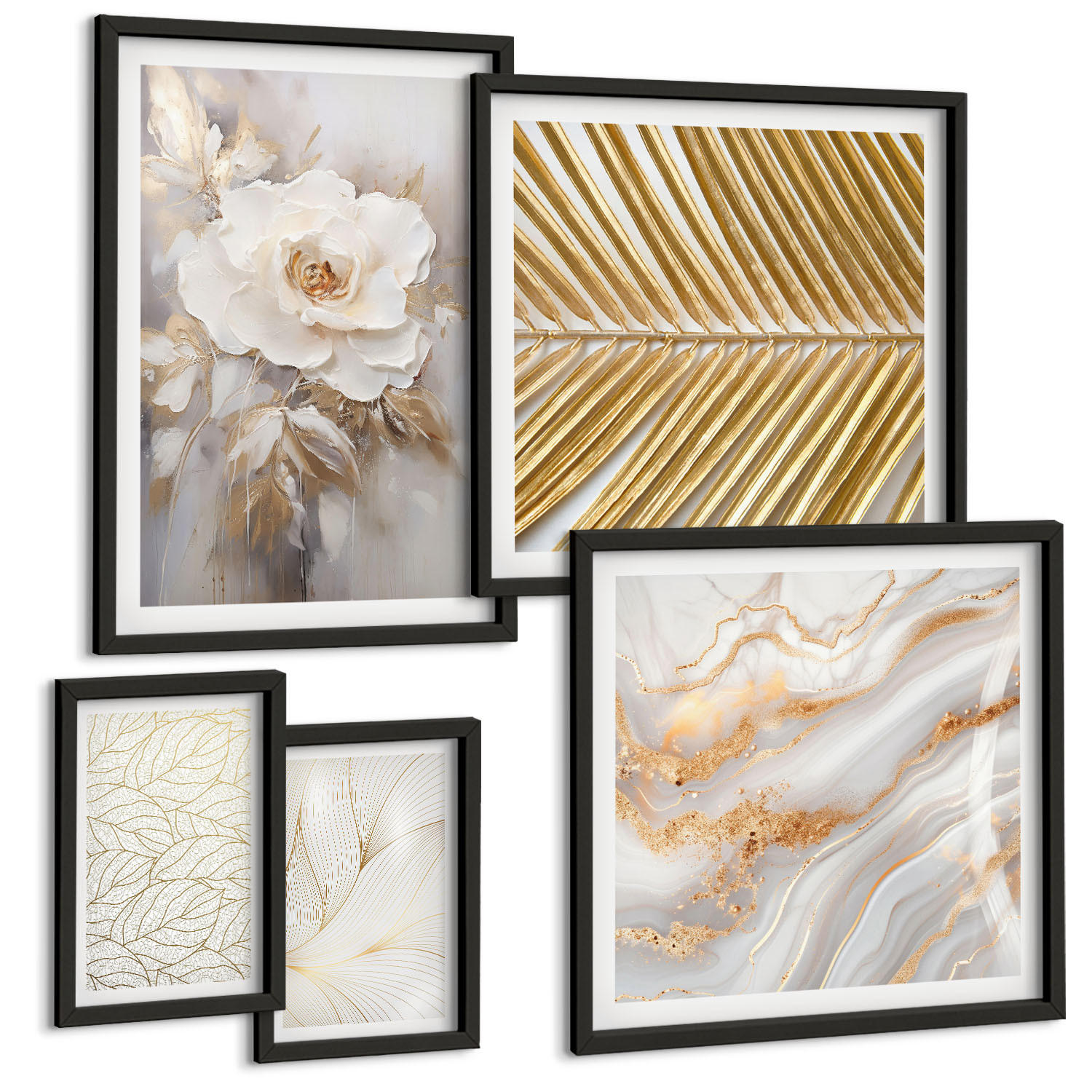 BILDER SET 5er Set - 50x50 cm & 20x30 cm & 40x60 cm Schwarzer Rahmen - Abstrakte Katzenmalereien - Schwarz, Kunststoff (40/60cm) - TULUP