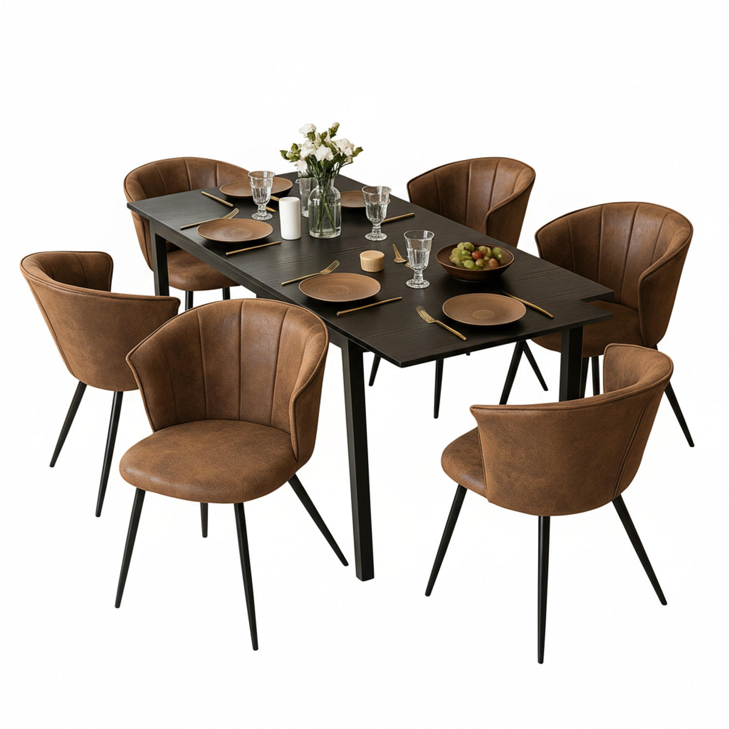 ESSTISCH-SET mit ausziehbarem Tisch und 6 Schalensesseln in Wildlederoptik, Schwarz - Multicolor, Textil (46/74.5/43cm) - Meubles Cosy