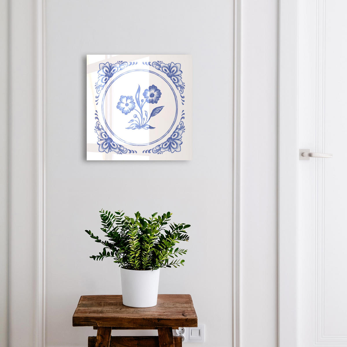 SCHLÜSSELBOX Weiß 30x30 cm – Türöffnung nach rechts - Blaue Blumen - Blau, Metall (30/30/5cm) - TULUP