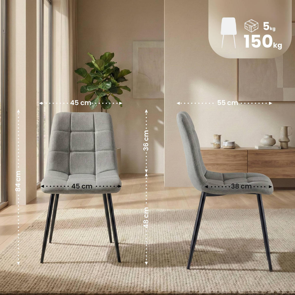 STUHL 4er Set Stoff Hellgrau - Hellgrau/Schwarz, Textil/Metall (45/84/55cm) - CLP