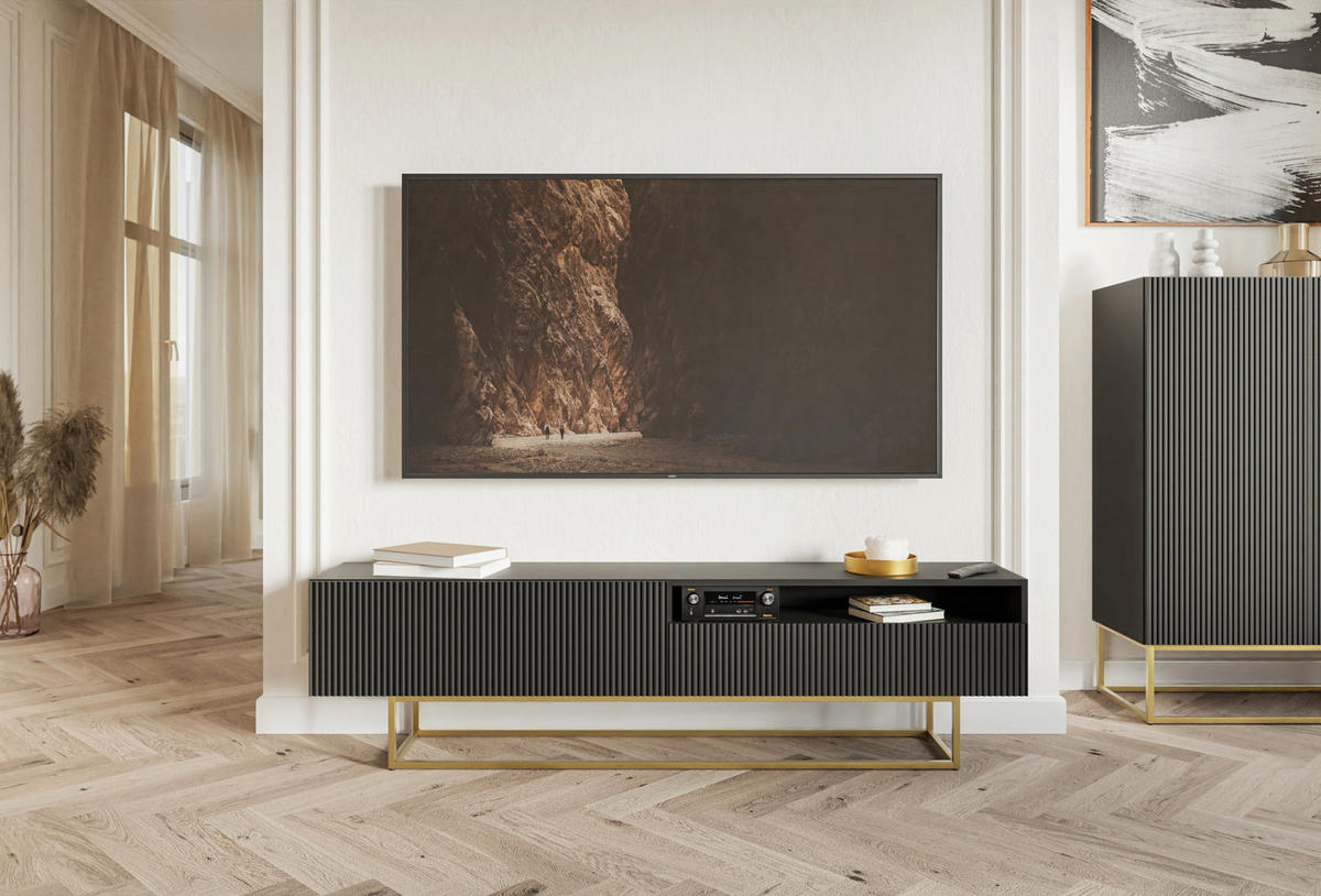 TV stolík Veldio čierny na kovovom podstavci 175 cm - čierna/zlatá, kov/kompozitné drevo (175/46.5/31.6cm) - Selsey