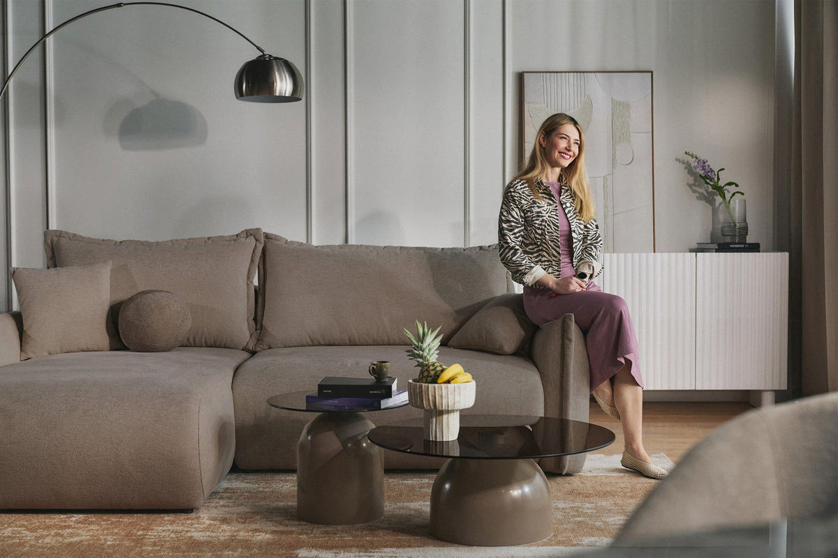 ROHOVÁ SEDAČKA Cushi světle hnědá žinylka - černá/světle hnědá, textil/plast (252/183cm) - Selsey