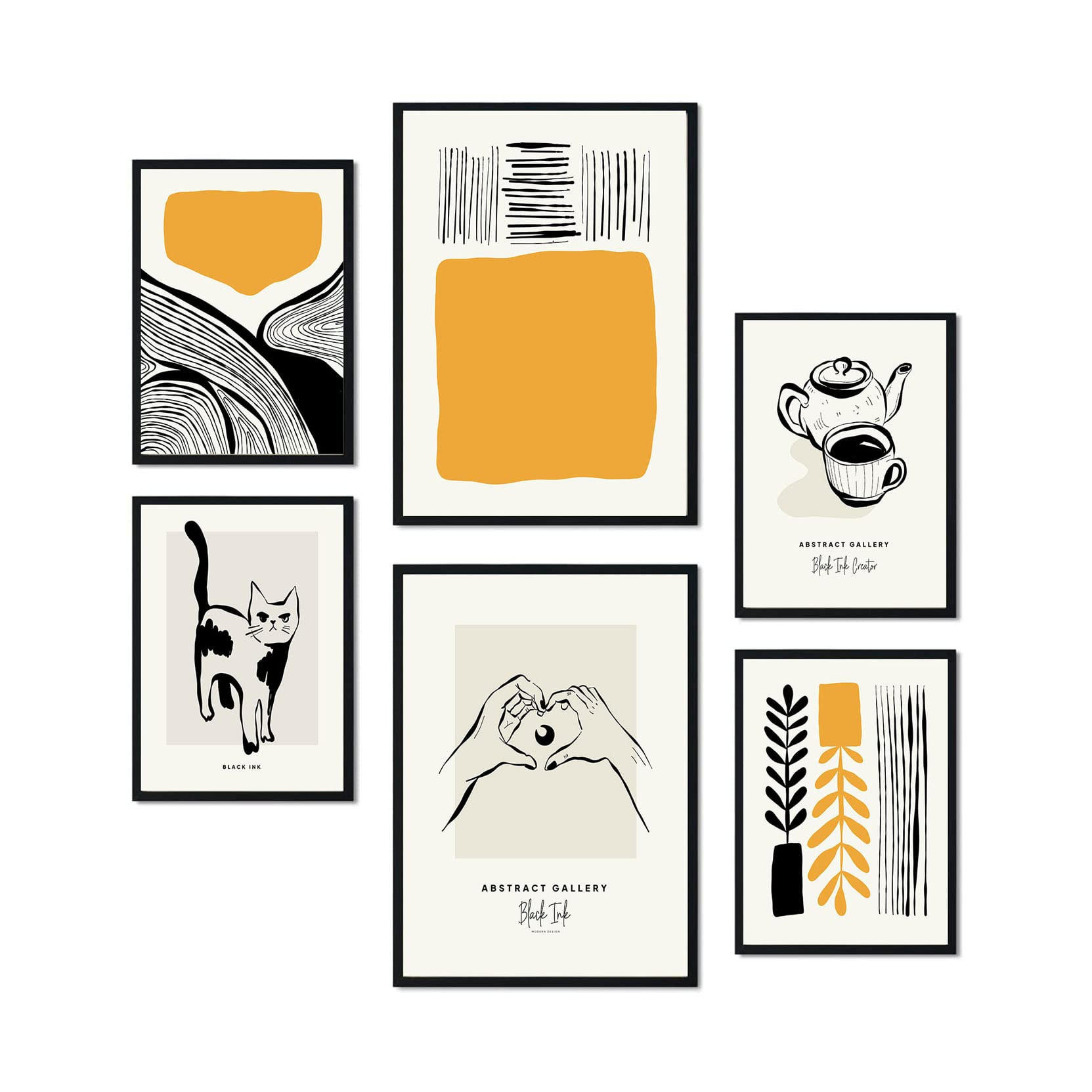 POSTER Set Mit 6 In Schwarzer Tinte Heim Künstlerische Und Abstrakte Drucke Für Innenarchitektur A3 & A4 Schwarzer Rahmen - Schwarz, Papier (29/3cm) - Nacnic