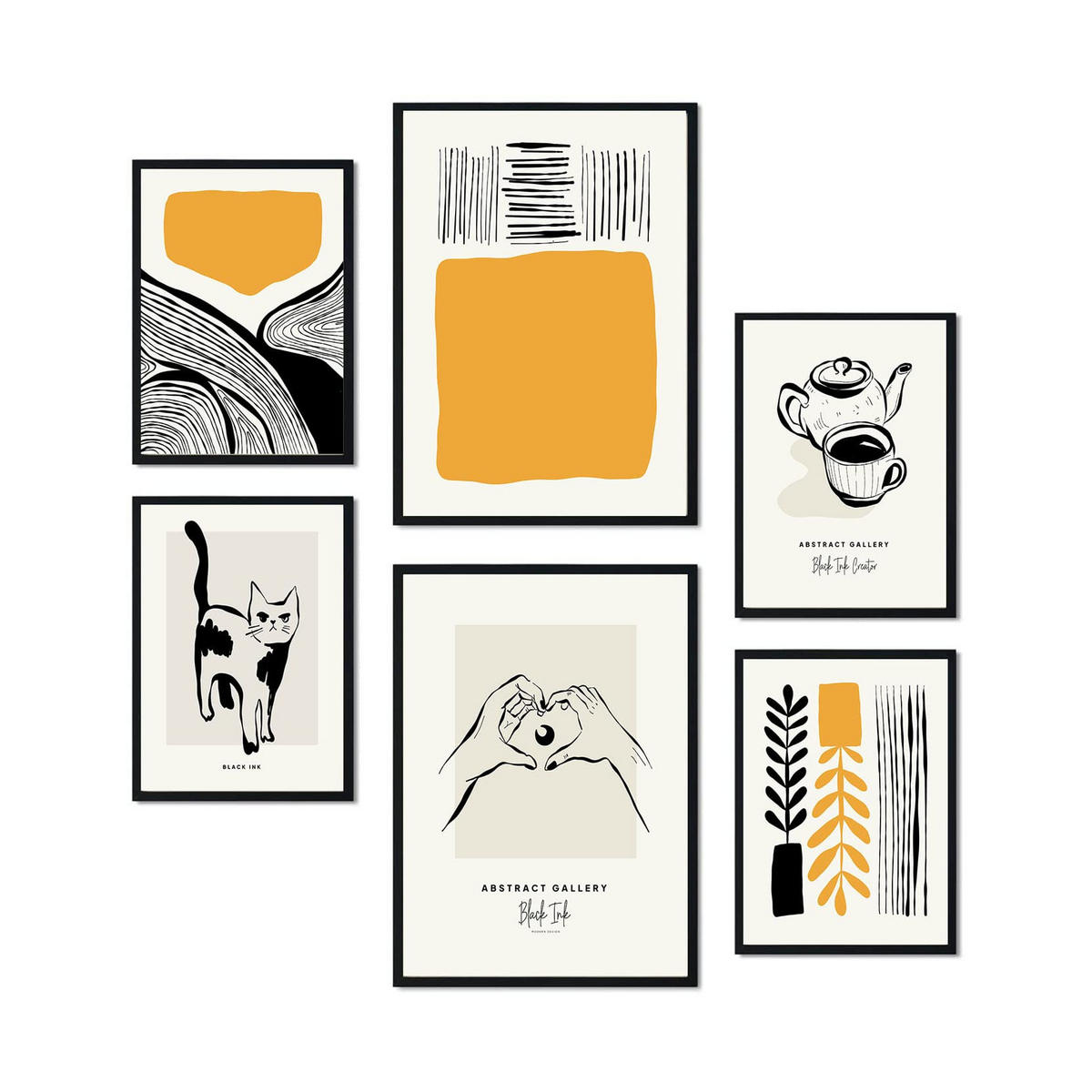 POSTER Set Mit 6 In Schwarzer Tinte Heim Künstlerische Und Abstrakte Drucke Für Innenarchitektur A3 & A4 Schwarzer Rahmen - Schwarz, Papier (29/3cm) - Nacnic