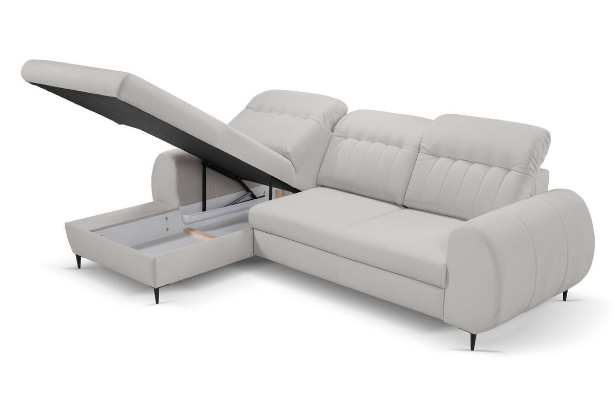 ECKSOFA PURO L-S Hellgrau Plüsch-Stoff mit Schlaffunktion - Hellgrau, Holz (275/166cm) - MASSENO