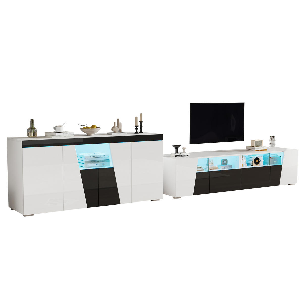SIDEBOARD DE-37811 mit TV-Schrank, LED-Beleuchtung Weiß/Schwarz - Weiß, Holzwerkstoff (140/65/40cm) - ComfortXL
