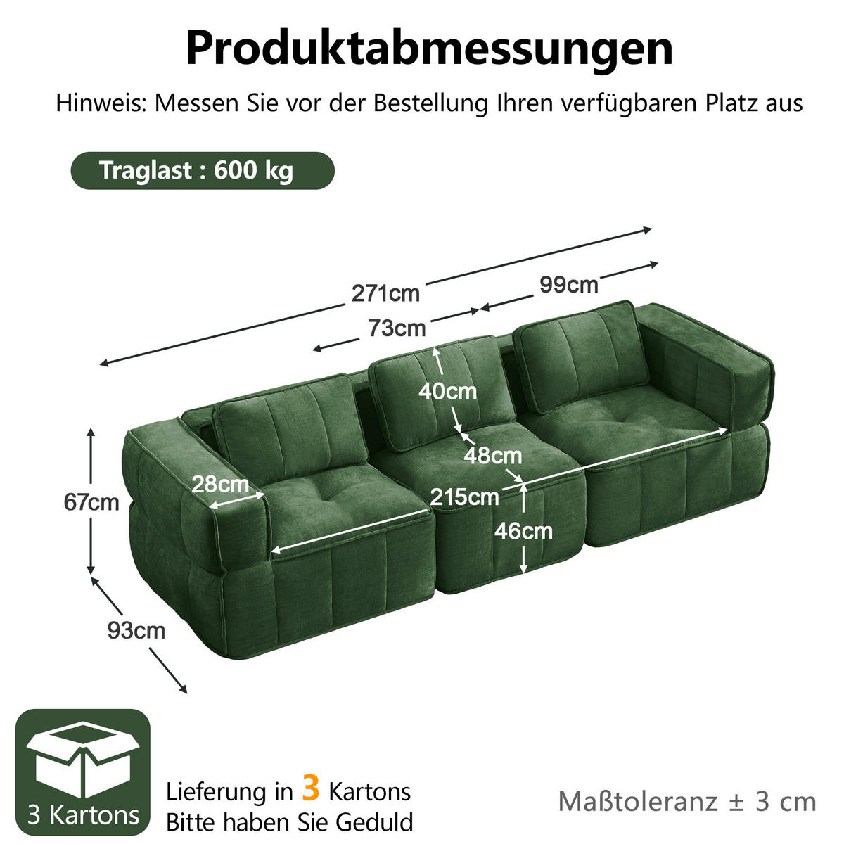 SOFA modular 3-Sitzer Polyester Green - Grün, Textil (217/67/93cm) - IVMEU