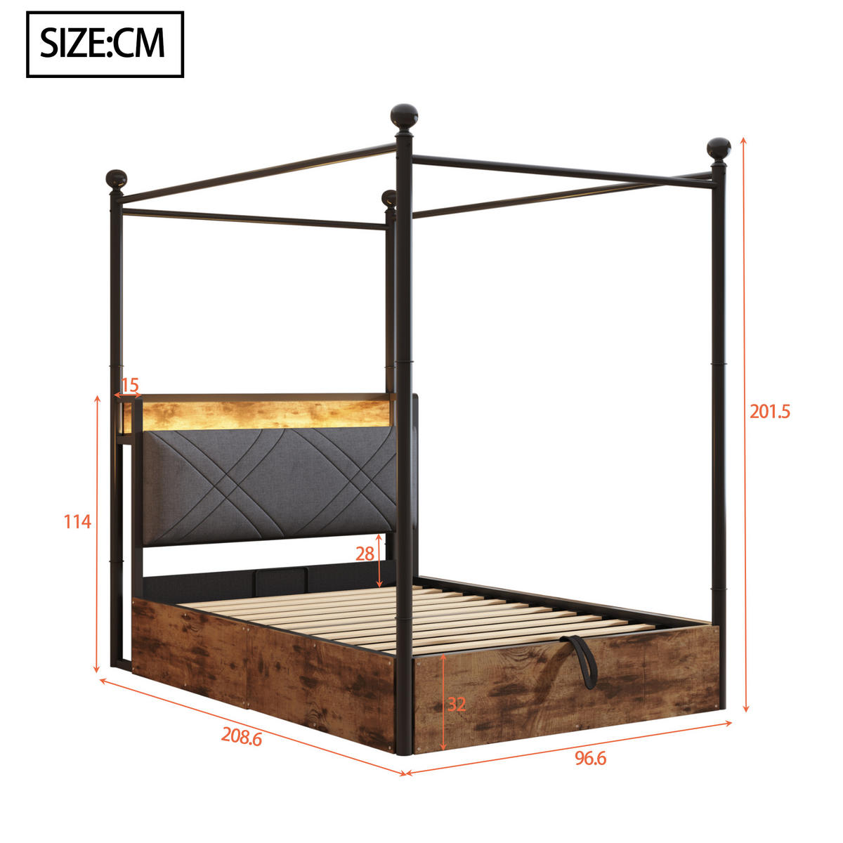 METALLBETT 90/190 cm schwarz mit hydraulischem Stauraum und LED-Beleuchtung - Schwarz, Metall (90/190cm) - OKWISH