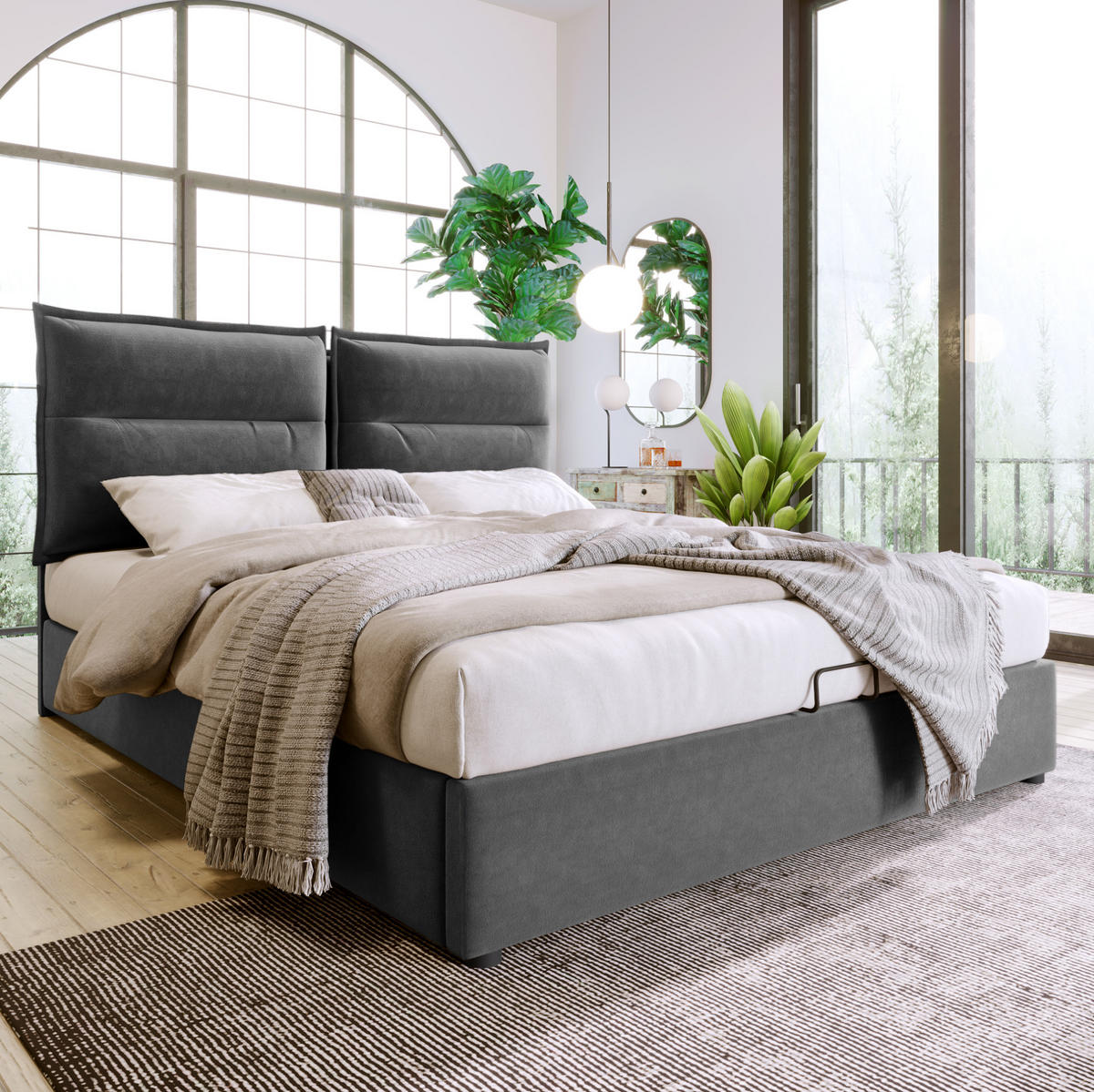 POLSTERBETT 140/200 cm Grau aus Samt mit Stauraum und verstellbarem Kopfteil - Grau, Textil (140/200cm) - Flora Grace