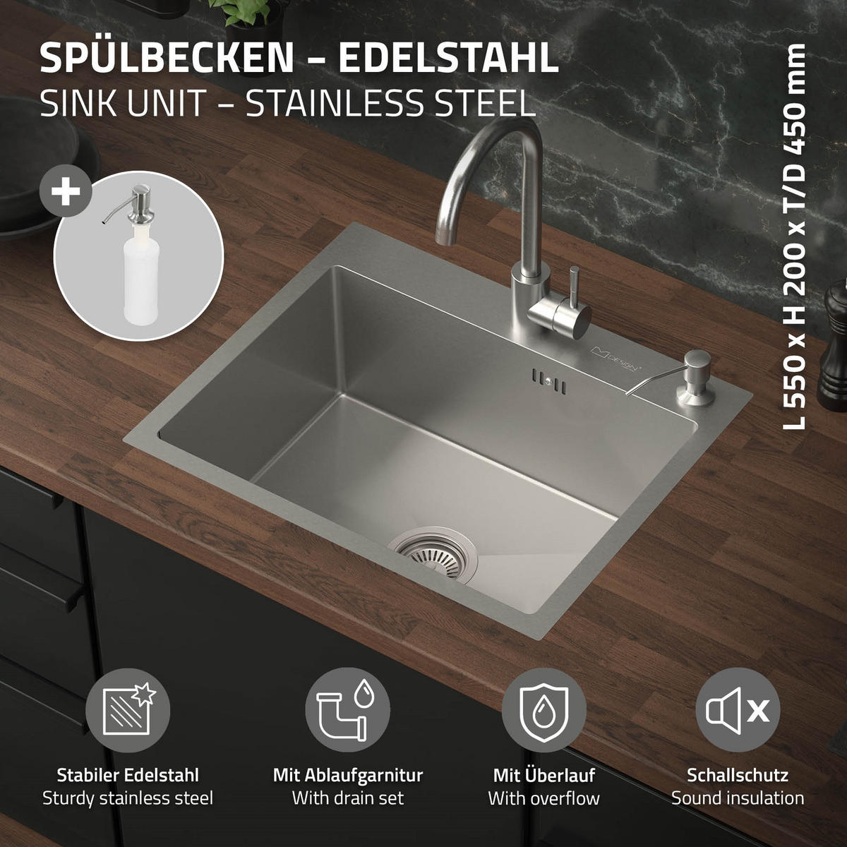 SPÜLBECKEN Edelstahl 55/45cm - Silberfarben, Metall (45/20/55cm) - ML-DESIGN