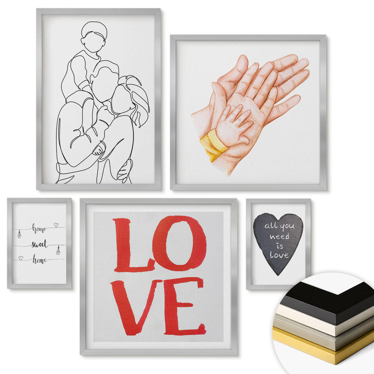 WANDBILDER 5er Set - 50x50 cm & 20x30 cm & 40x60 cm Silberner Rahmen - Weltraum-Astronauten-Sterne - Silberfarben, Kunststoff (40/60cm) - ArtPrintCave