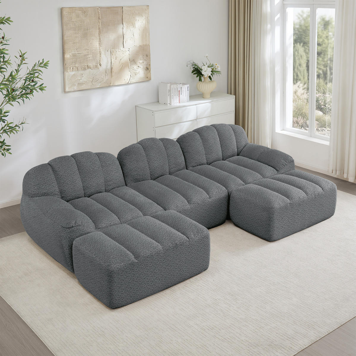 WOHNLANDSCHAFT Granulierter Fleece Grau mit 2 Ottomanen - Grau, Textil (188/79/165cm) - WISHDOR