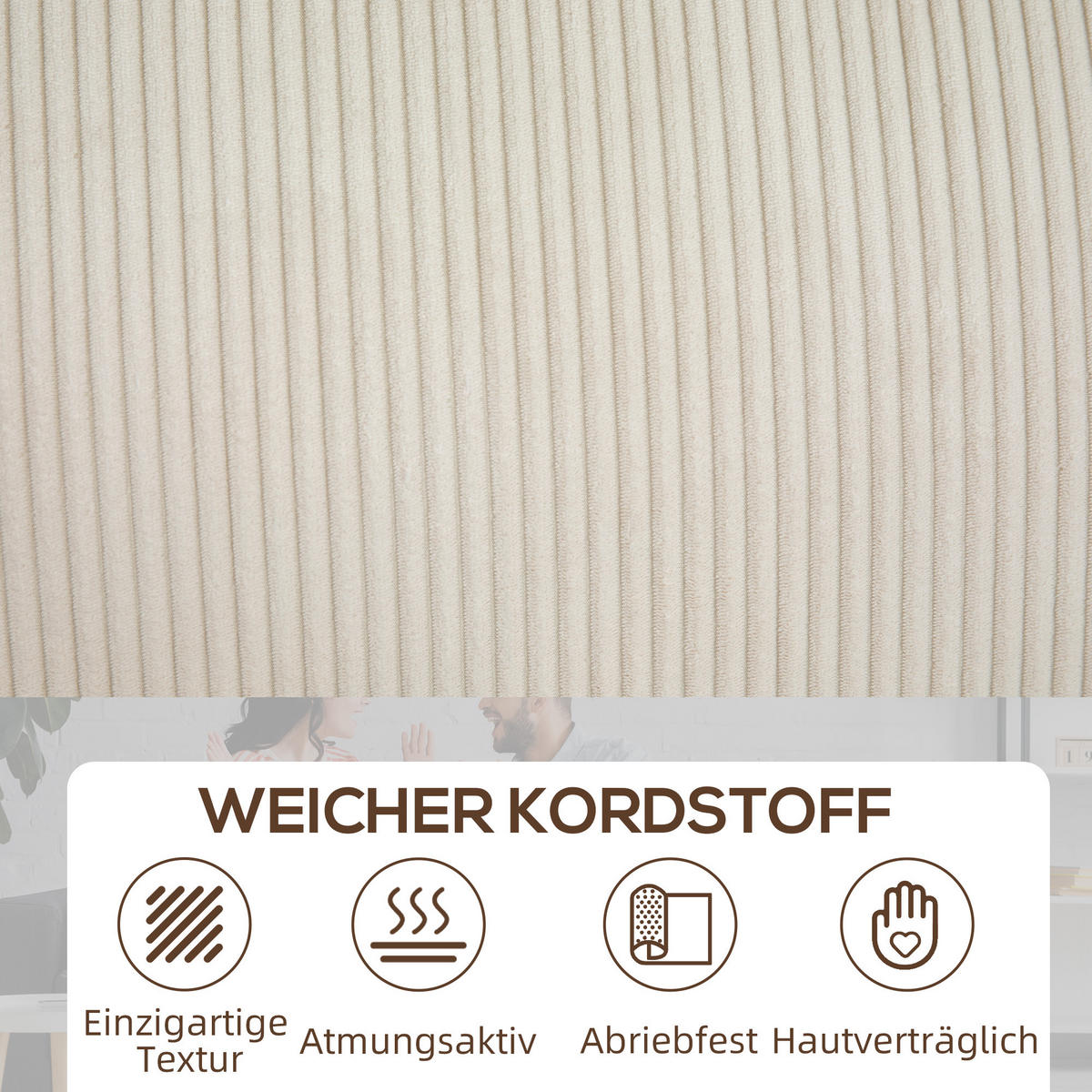 3-SITZER Sofa mit Cordbezug, Wohnzimmersofa mit Federkern, bis 400 kg, Cremeweiß - Creme/Schwarz, Kunststoff/Textil (84/87/227cm) - HOMCOM