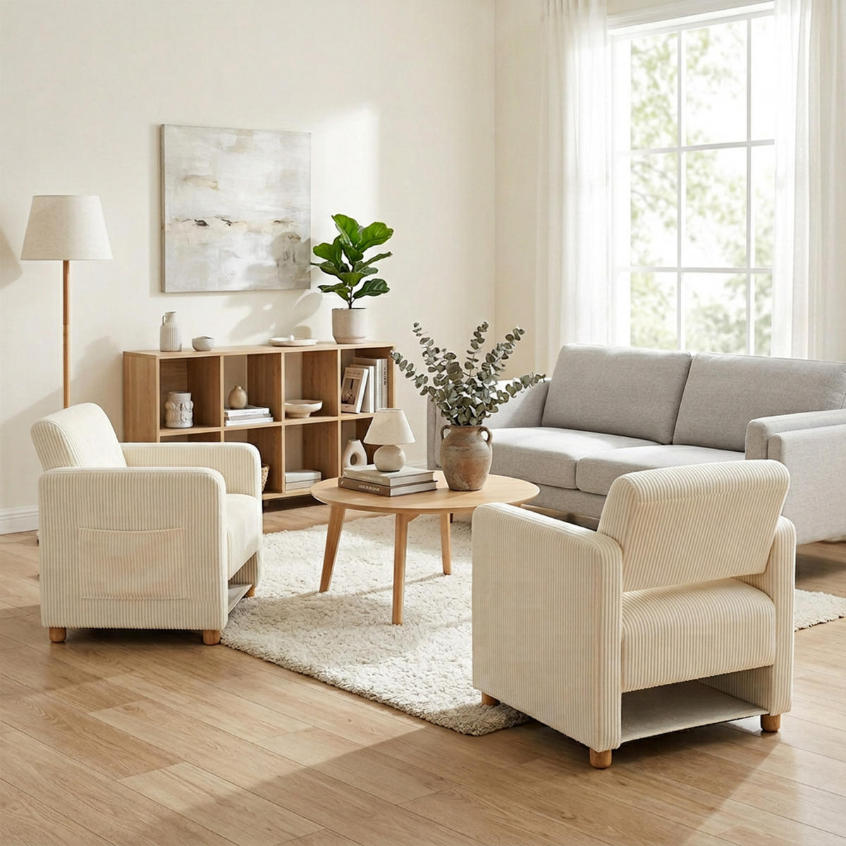 SESSEL, 2er-Set, mit Armlehnen, Cordbezug und Massivholzfüßen, Beige - Beige, Holz/Textil (66/76.5/73.5cm) - Meubles Cosy