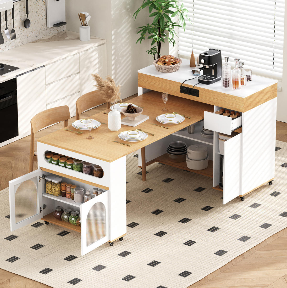 KÜCHENINSEL aus MDF 50.5-187.5x110.5x95.5 cm Weiß/Natur mit ausziehbarer Tischplatte & Steckdosen - Weiß, Holzwerkstoff (187.5/95.5/110.5cm) - Modfu