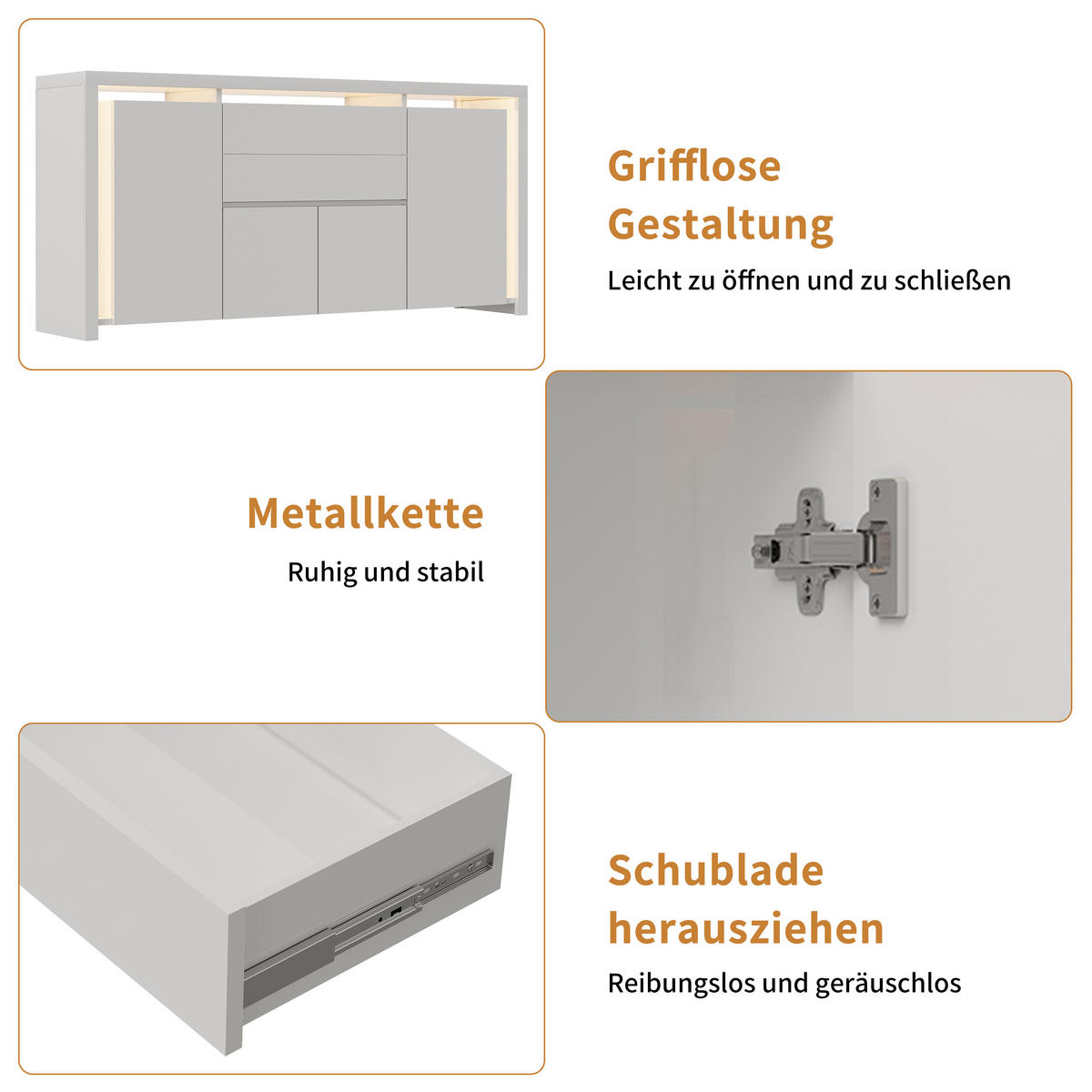 SIDEBOARD hochglanz weiß, 4 Türen, 2 Schubladen, LED-Beleuchtung, modern - Weiß, Holz (160/75/35cm) - EuroLiving