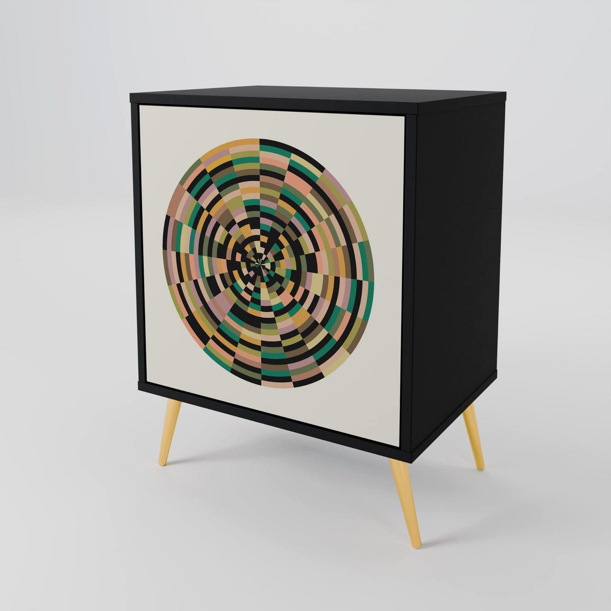 SIDEBOARD GREEN CIRCLES, Schwarz, 57,5x42x70,5 cm, Schwarze Metall-Sternfüße - Multicolor/Schwarz, Holzwerkstoff/Metall (57.5/70.5/42cm) - SpaceRebels
