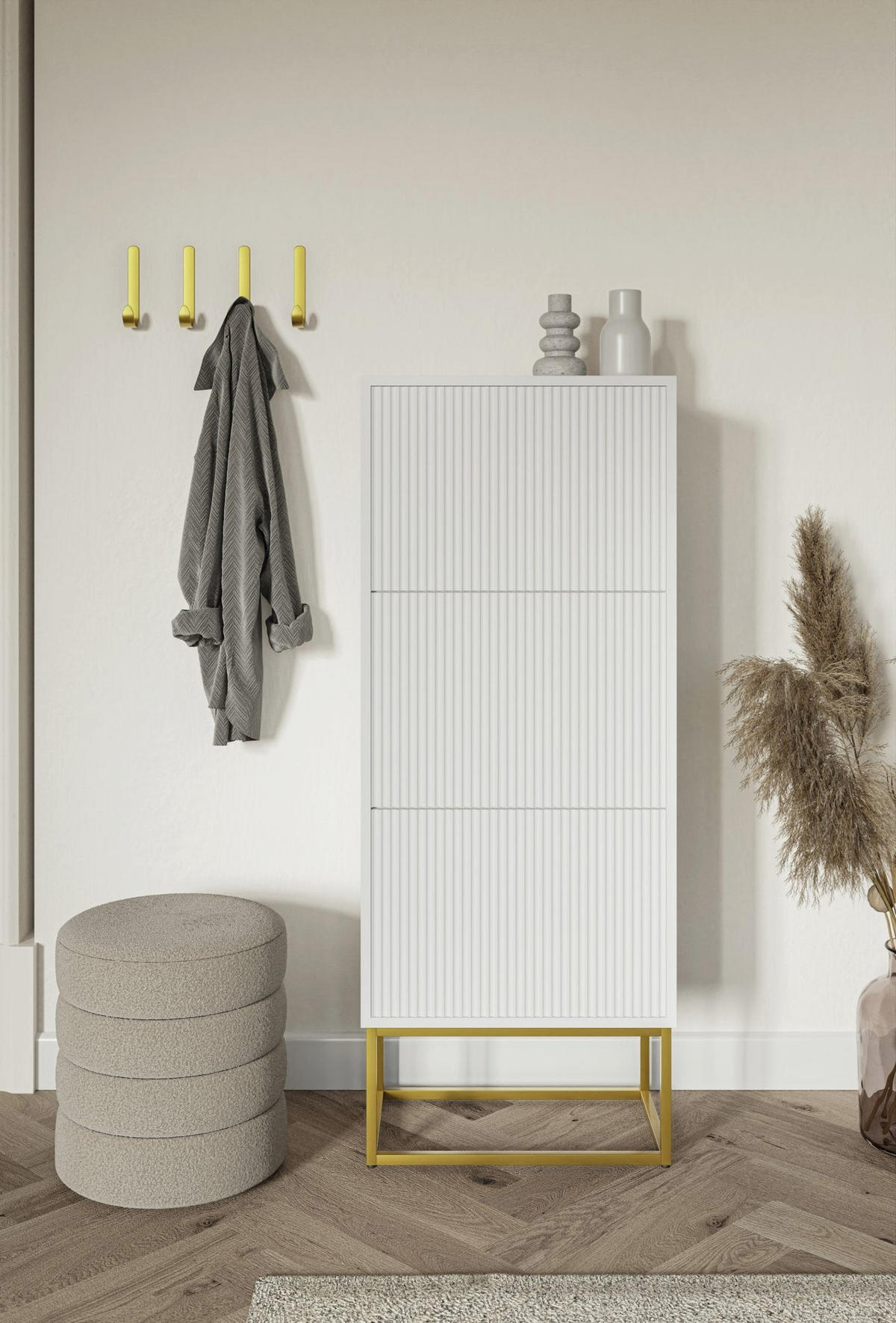 SCHUHSCHRANK Veldio mit 3 Klappen Weiß mit goldenem Metallgestell 50 cm - Goldfarben/Weiß, Holzwerkstoff/Metall (50/125/30cm) - Selsey