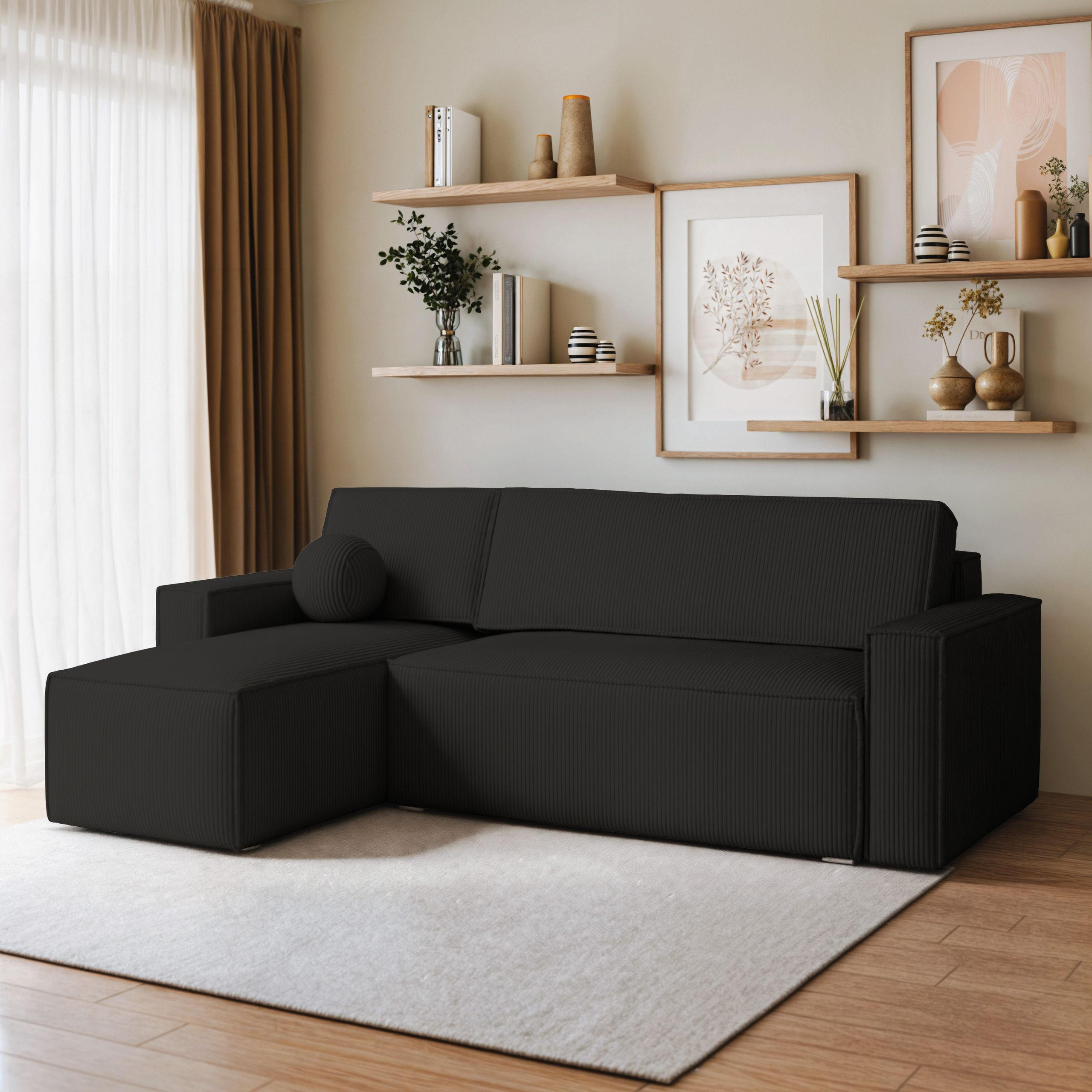 ECKSOFA RAVELO P Schwarz Kordstoff mit Schlaffunktion - Schwarz, Holz (240/140cm) - MASSENO