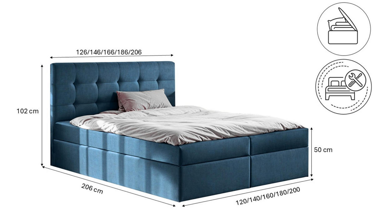 BOXBETT Mit Matratze Und Bettkasten LUDANO Stoff Noel Blau 180x200 cm H3-Bonell - Blau, Holz (180/200cm) - Kaiser Möbel