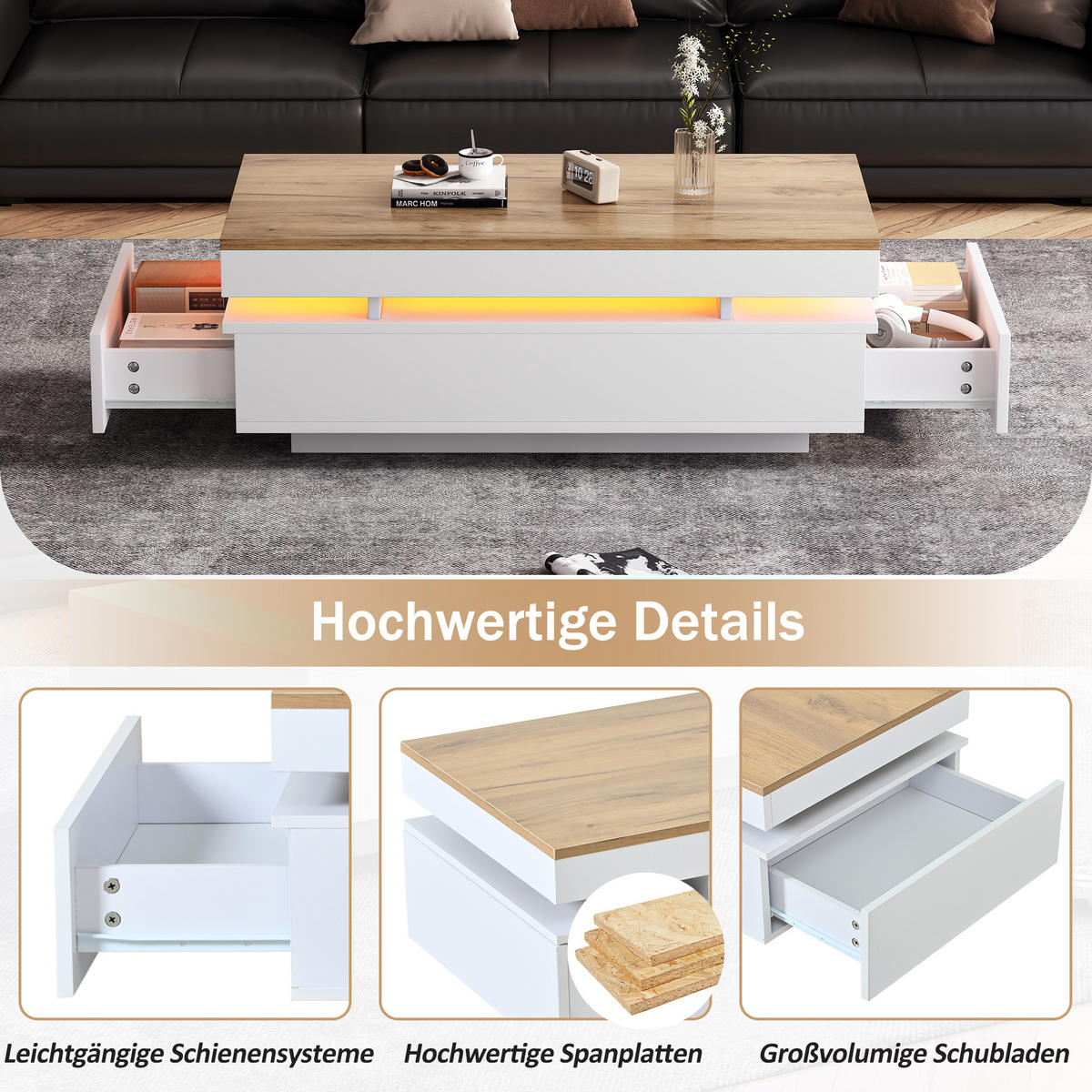 COUCHTISCH 100/50/35 cm weiß/holzfarben aus Spanplatte mit 2 Schubladen und LED-Beleuchtung - Weiß, Holzwerkstoff (100/50/35cm) - OKWISH