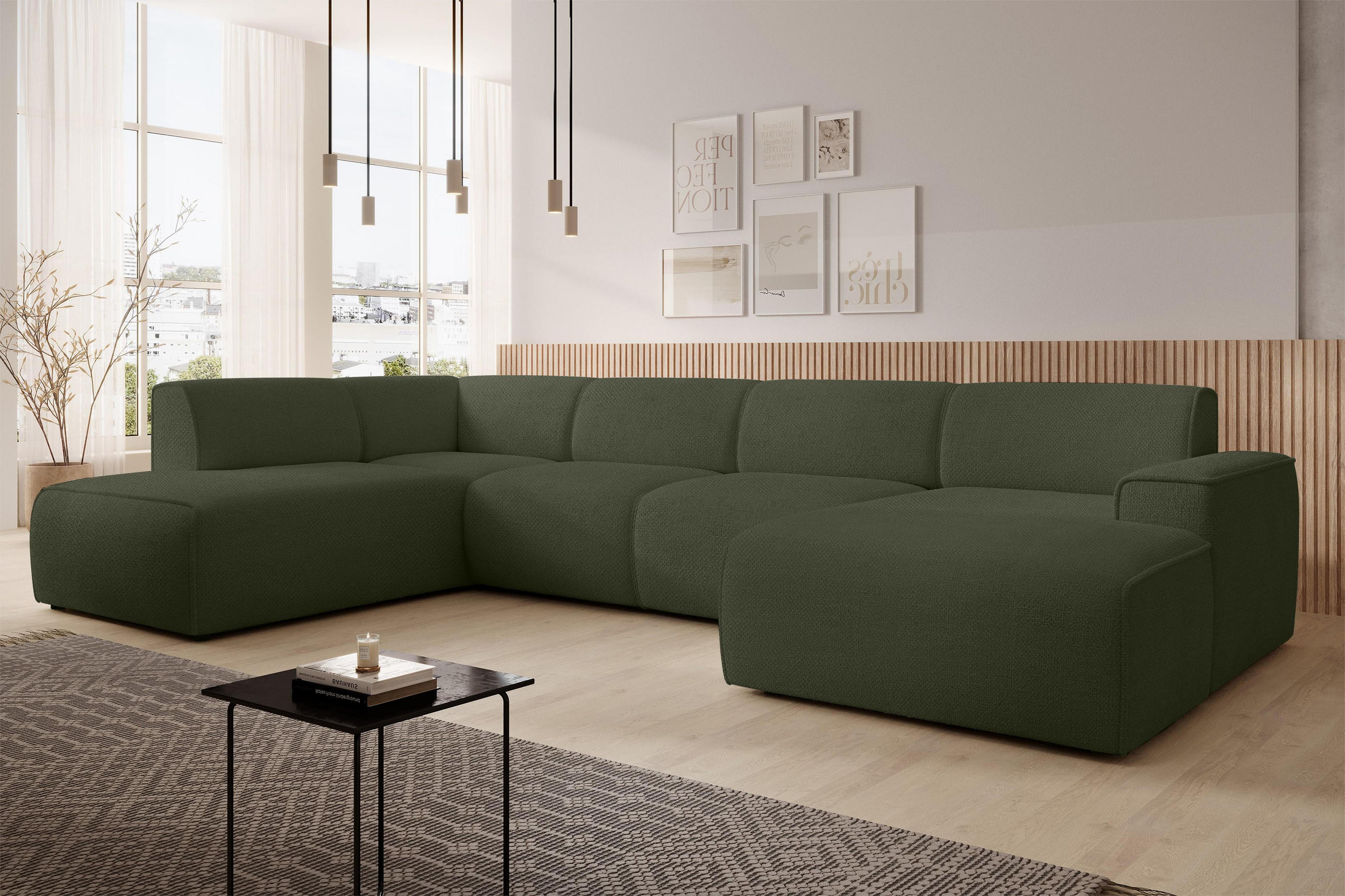 WOHNLANDSCHAFT Didim Grün 378/220/78 cm – großes Sofa stilvoll & bequem L - Schwarz/Grün, Kunststoff/Textil (220/78/378cm) - AX Living