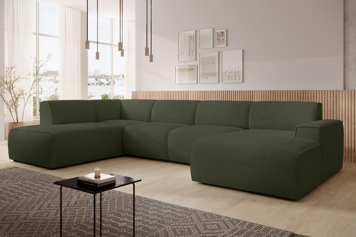 WOHNLANDSCHAFT Didim Grün 378/220/78 cm – großes Sofa stilvoll & bequem L - Schwarz/Grün, Kunststoff/Textil (220/78/378cm) - AX Living