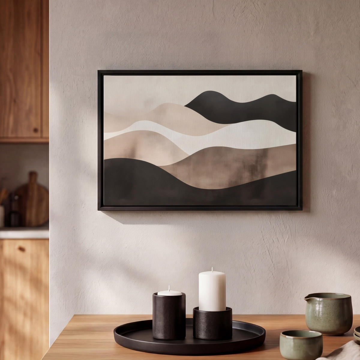LEINWAND Bilder mit Rahmen - Abstrakt - Landschaft - Wellen - Cremefarben - 30x20 - Cappuccino, Textil (30/20cm) - MuchoWow