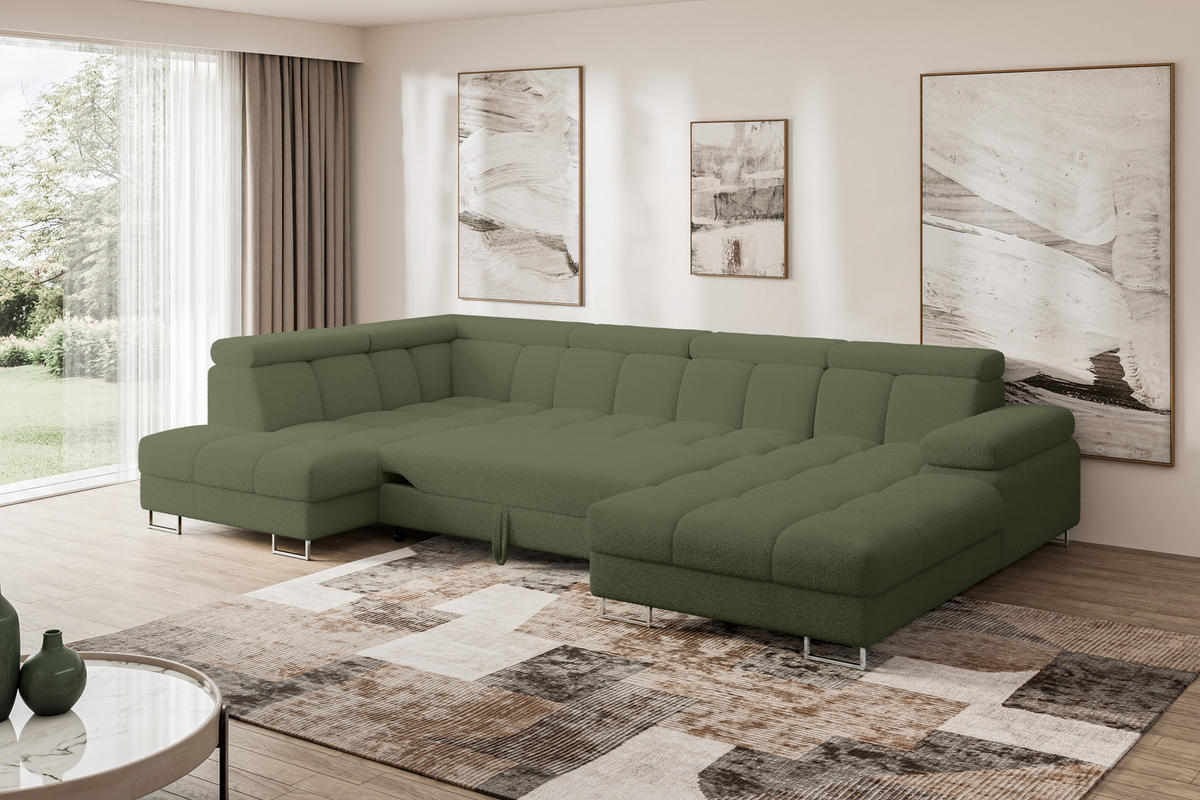 WOHNLANDSCHAFT mit Schlaffunktion und Bettkasten Ottomane Links COMA U 345x203x79 Grün Bouclé - Smaragdgrün, Holzwerkstoff/Textil (345/79/203cm) - ALTDECOR