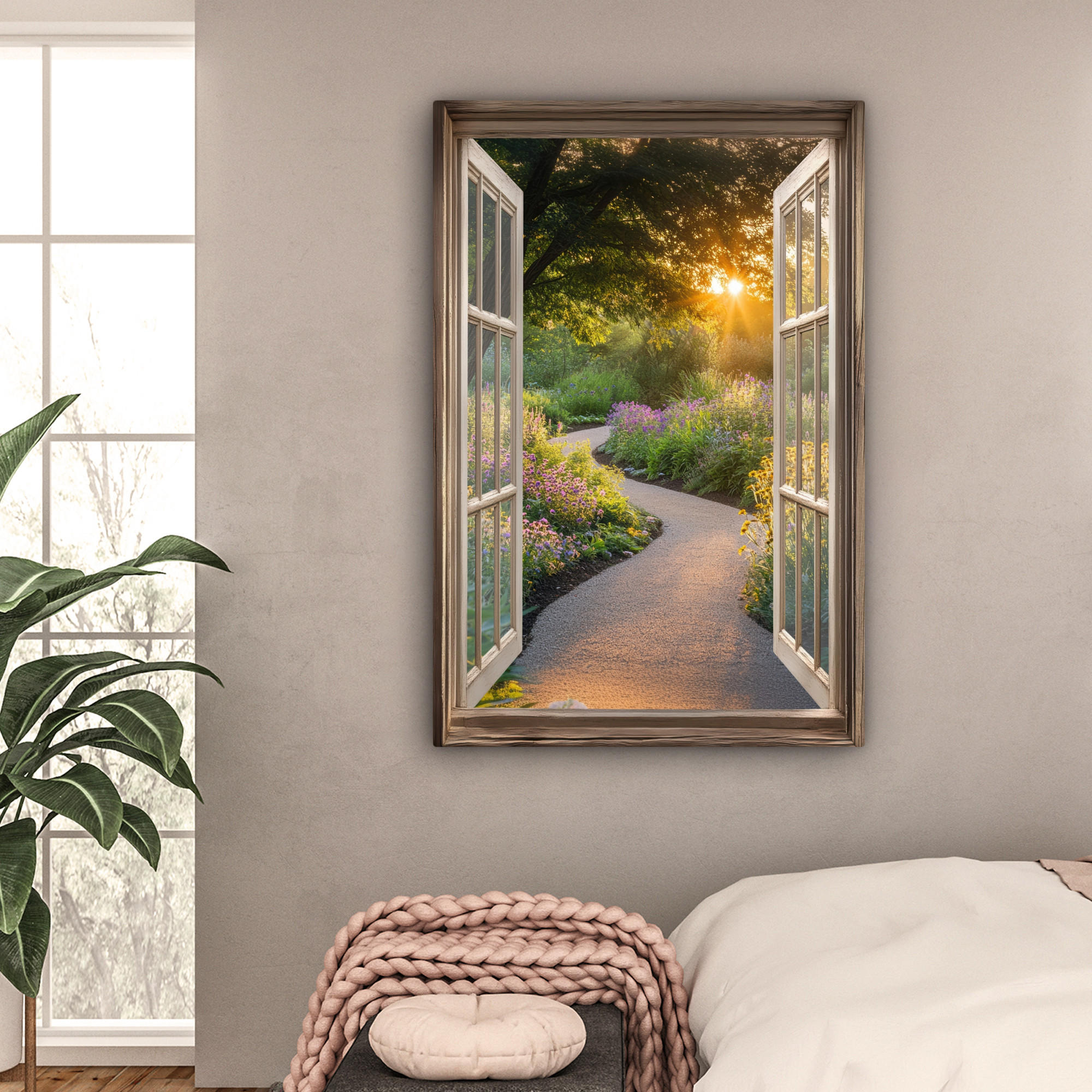 LEINWANDBILD Aussicht - Blumen - Natur - Sonne - Weg 80x120 cm - Hellgelb, Textil (80/120cm) - MuchoWow