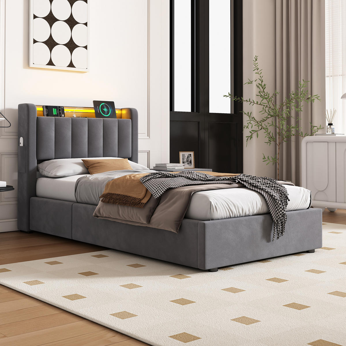 POLSTERBETT 90/200 cm mit Matratze und Stauraum, mit Steckdose und LED Beleuchtung - Grau, Holzwerkstoff/Textil (90/200cm) - STILVORA
