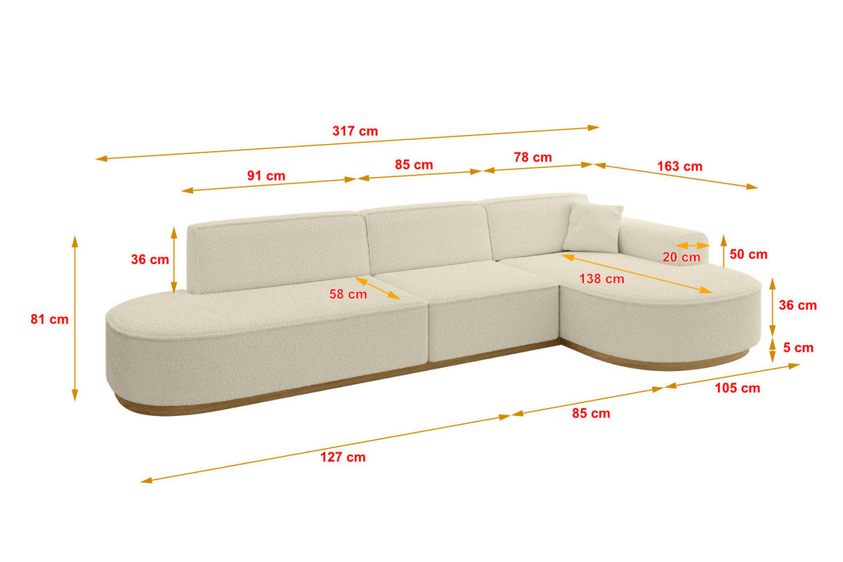 ECKSOFA Ottomane Rechts MARI-L2-v2 - 328x171x83 cm Beige Bouclé - Beige, Holzwerkstoff/Textil (171/328cm) - ALTDECOR