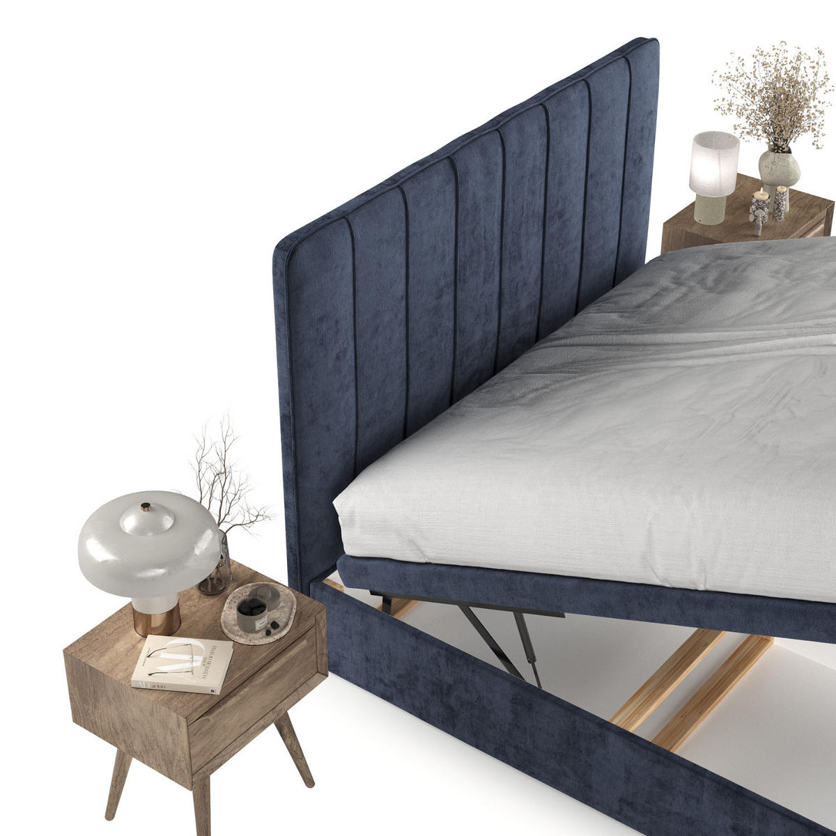 POLSTERBETT Vienna mit Stauraum 140/200 cm Marineblau im Lotta Stoff - Schwarz/Dunkelblau, Holz/Holzwerkstoff (140/200cm) - AltaBeds