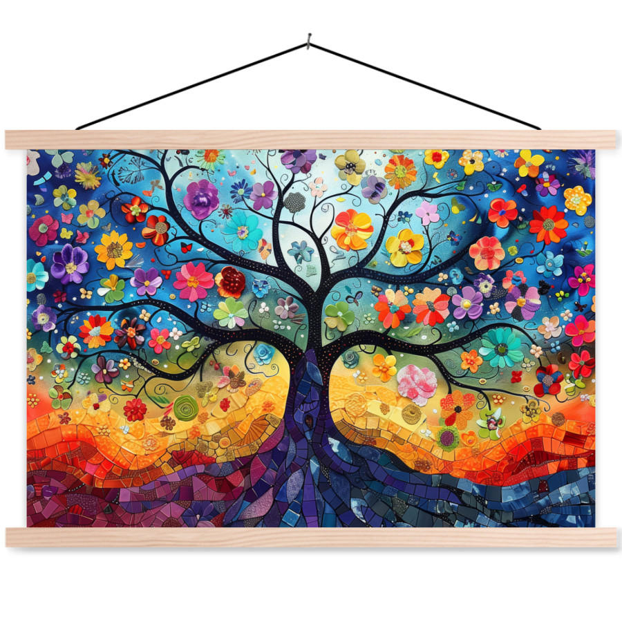 POSTER Kunst - Baum des Lebens - Blumen - Hippie 90x60 cm - Dunkelblau, Textil (90/60/0.15cm) - MuchoWow