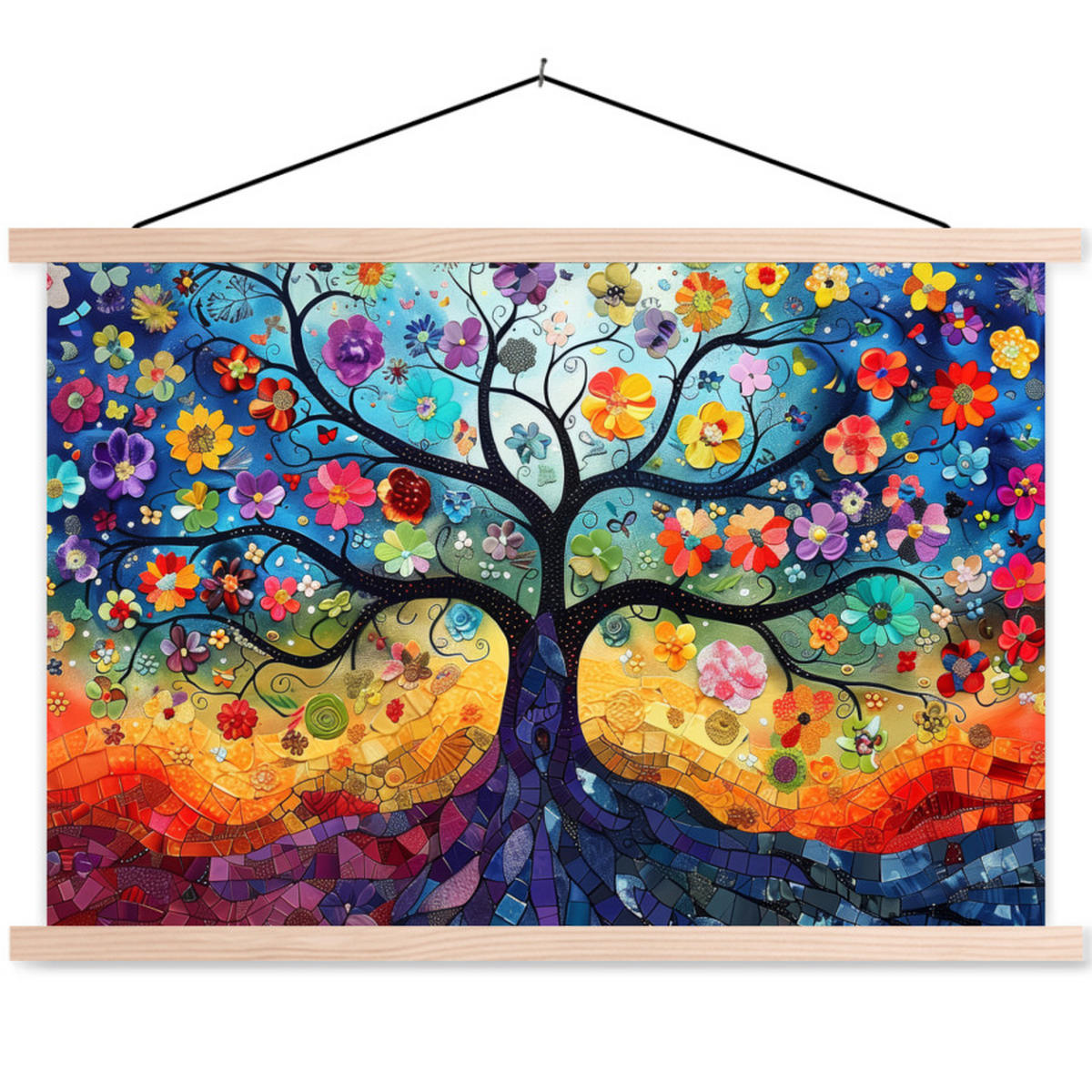 POSTER Kunst - Baum des Lebens - Blumen - Hippie 90x60 cm - Dunkelblau, Textil (90/60/0.15cm) - MuchoWow