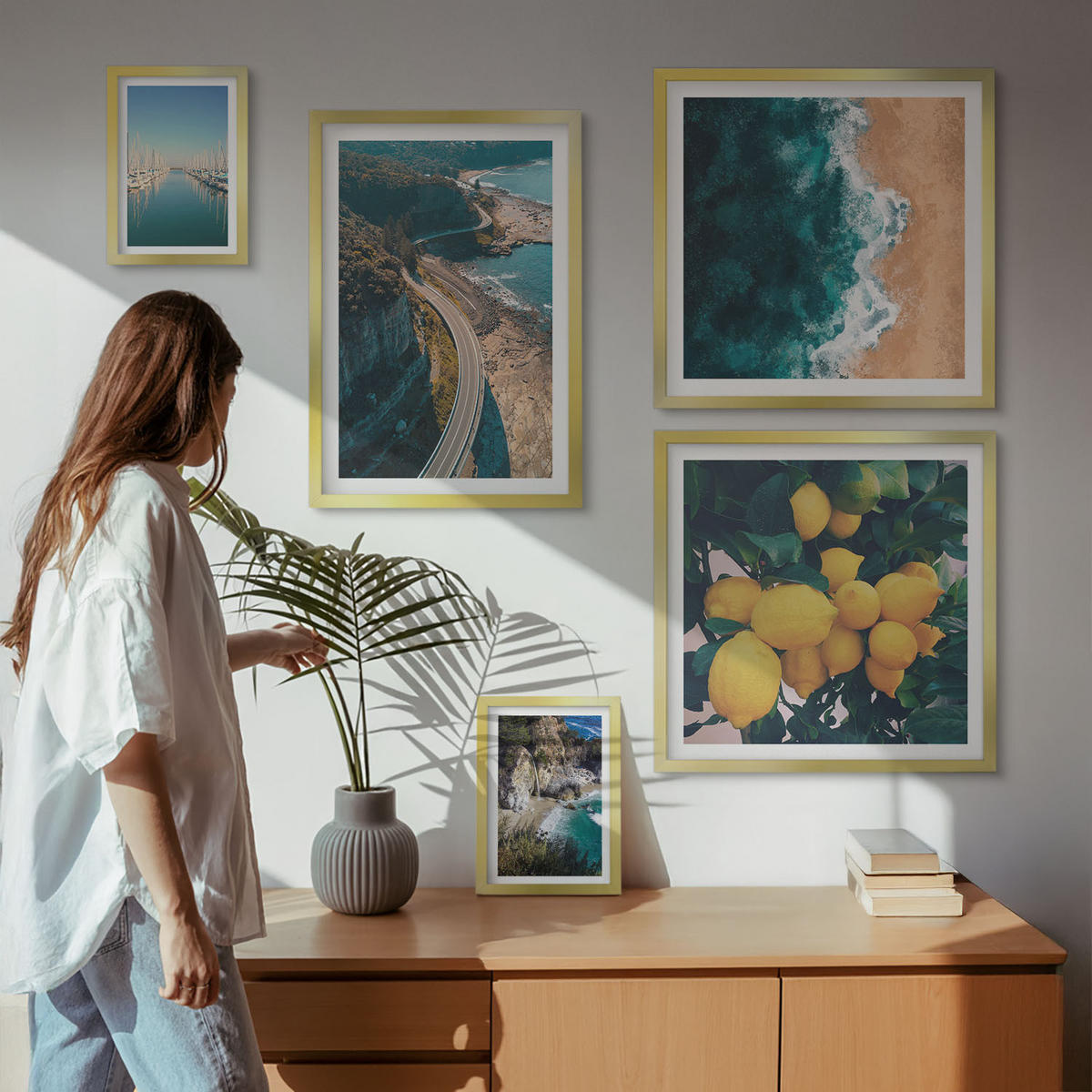 WANDBILDER 5er Set - 50x50 cm & 20x30 cm & 40x60 cm Goldrahmen - Straßen am Meer, ein Meer aus Zitronen - Goldfarben, Kunststoff (40/60cm) - ArtPrintCave