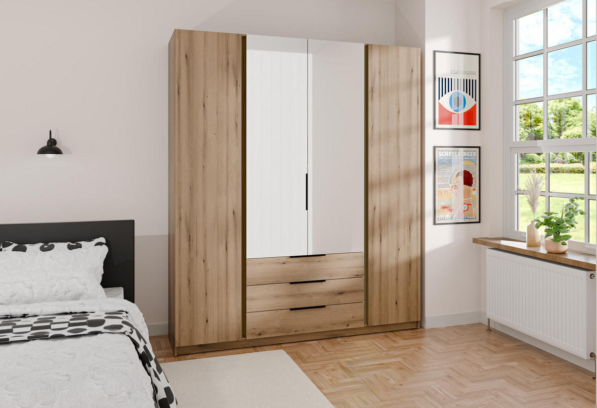 KLEIDERSCHRANK Nehir Eiche Evoke 200 cm - 4T3S Modern mit Schubladen und 2 Spiegeln mittig - Eichefarben, Holzwerkstoff/Kunststoff (200/239/61.9cm) - AX Living