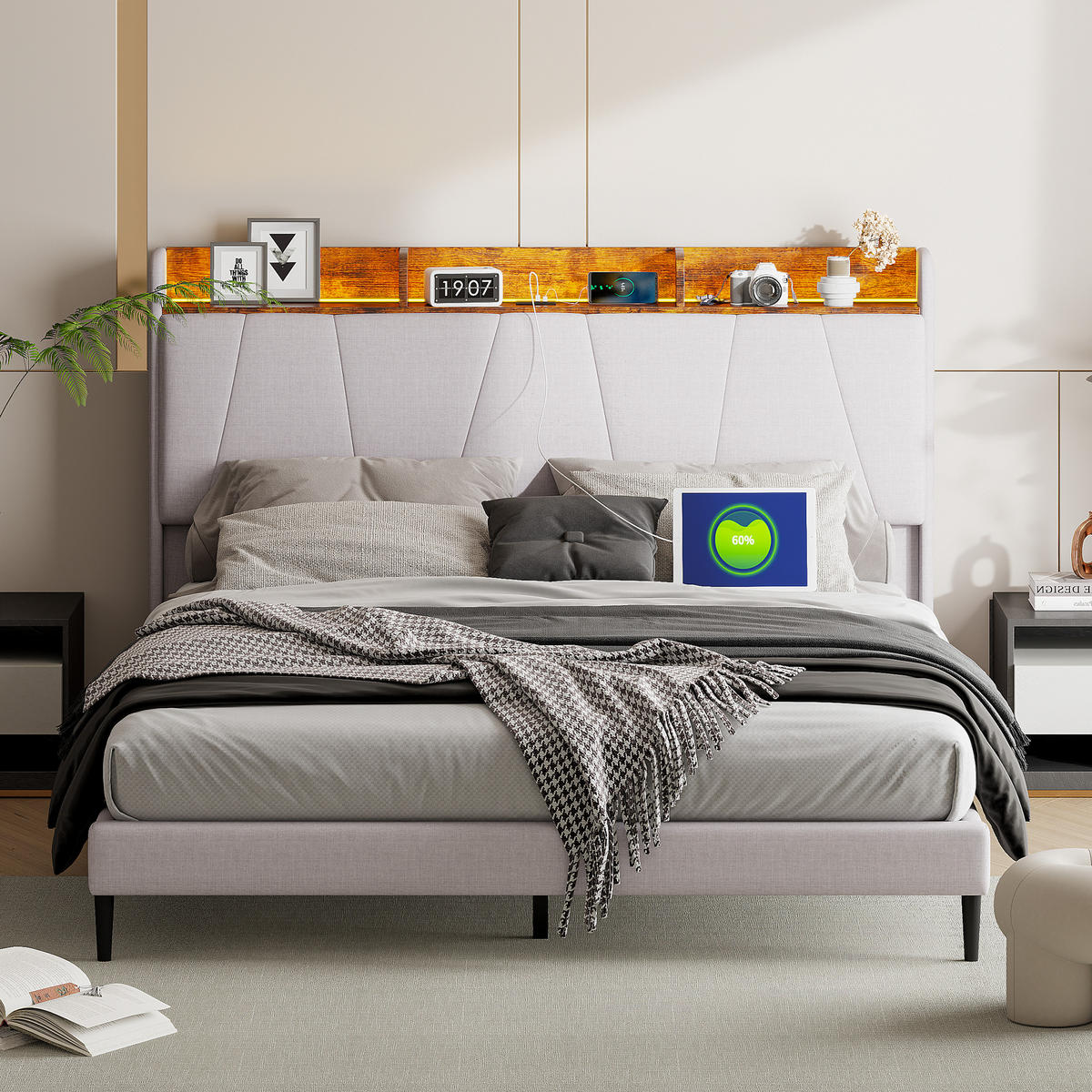 POLSTERBETT 160x200 cm, Beige, LED-Beleuchtung, USB/TPCY-C - Beige, Textil/Metall (160/200cm)