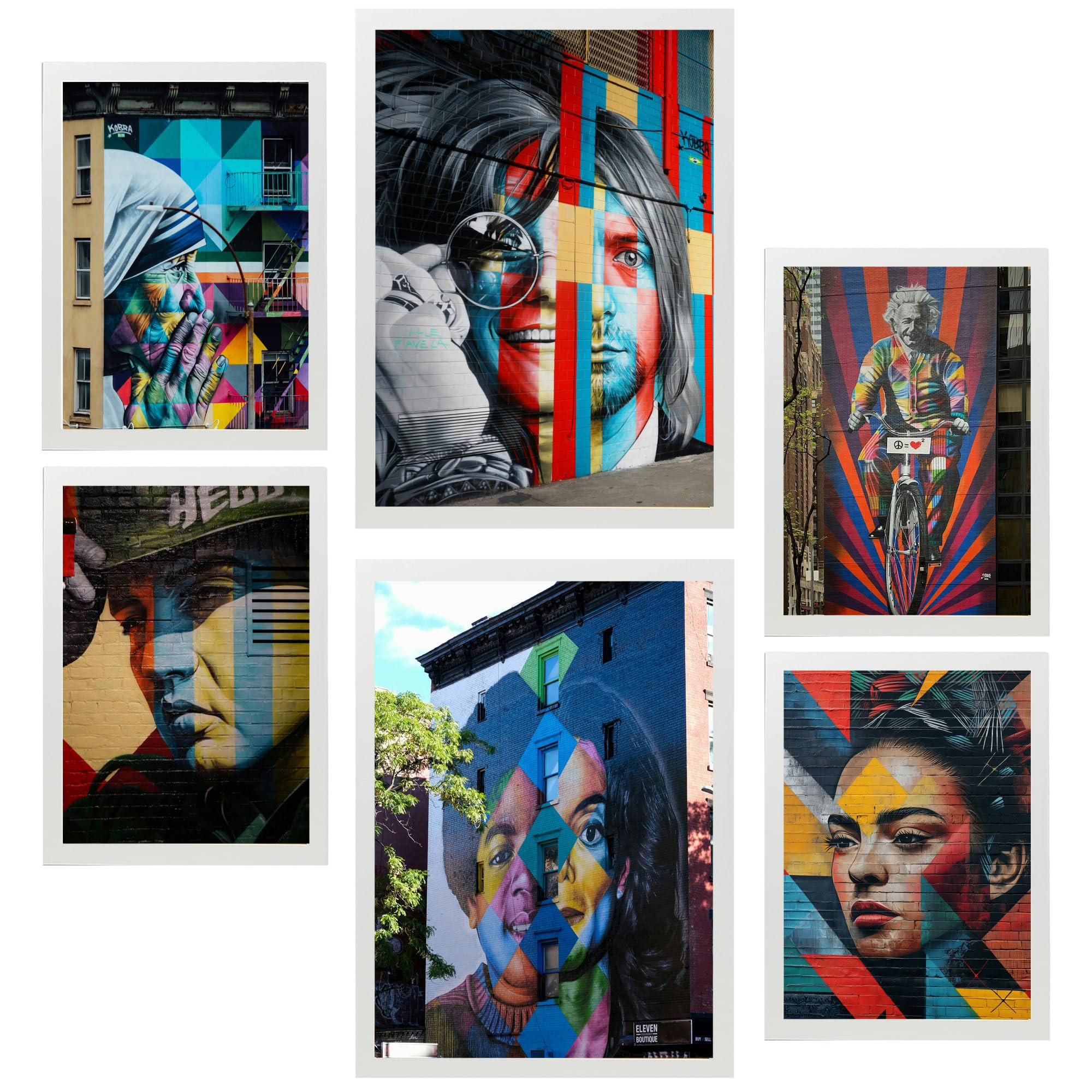POSTER Set Mit 6 Graffiti Straßenkunst Nirvana Jopplin Frida Presley A3 & A4 Weißer Rahmen - Weiß, Papier (29/3cm) - Nacnic