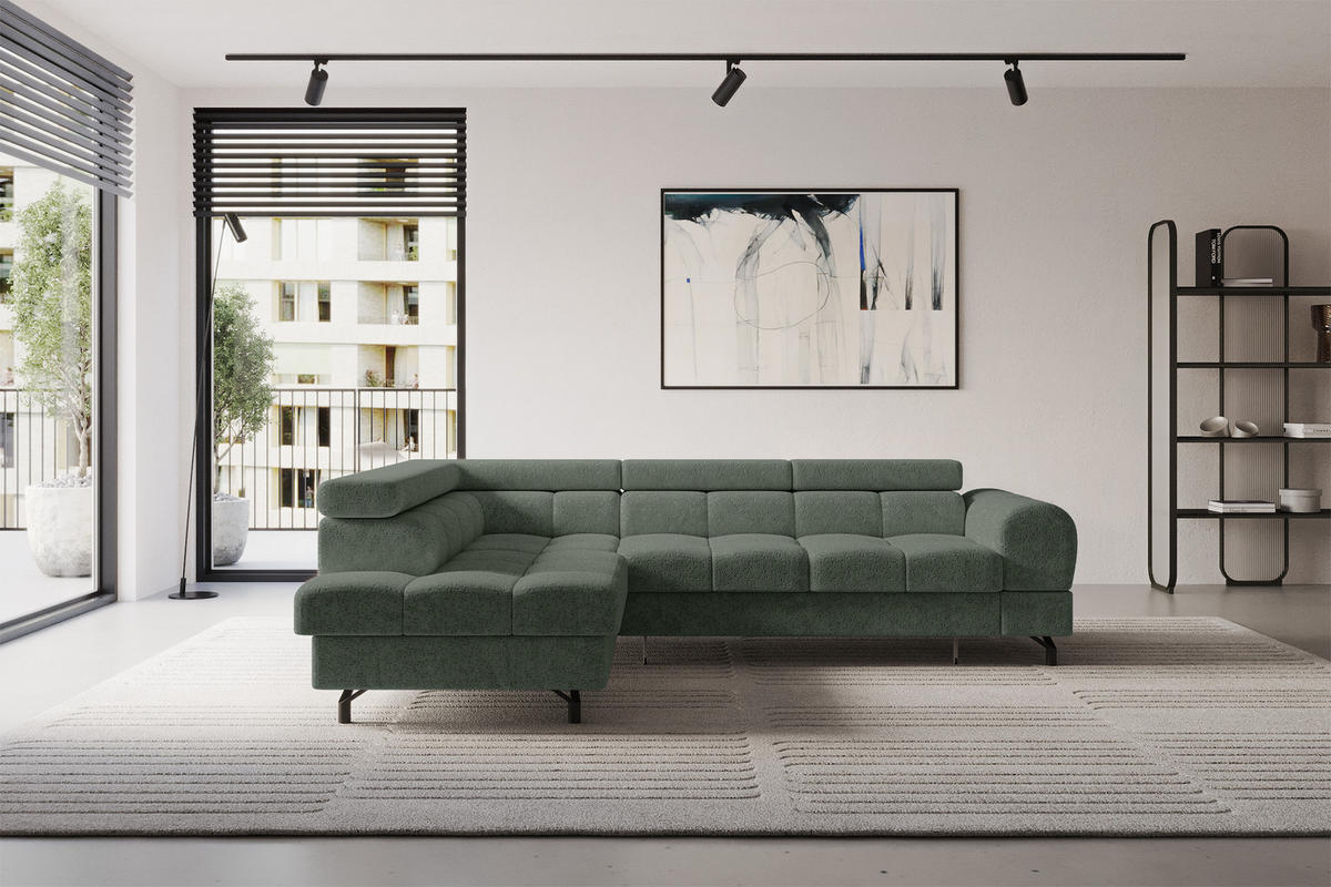 ECKSOFA mit Schlaffunktion Ottomane Links LUMA-L 272x203x70 Grün Velours - Schwarz/Grün, Holzwerkstoff/Kunststoff (272/203cm) - ALTDECOR