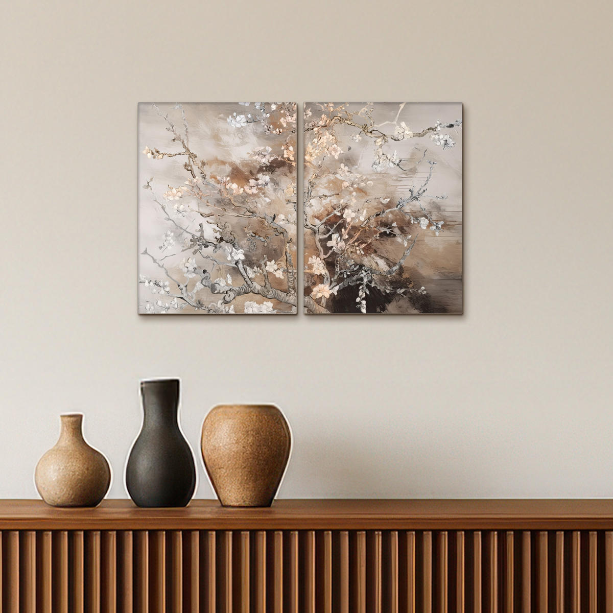 LEINWANDBILD 2er Set Mandelblüte - Abstrakt - Beige 60x40 cm - Beige, Textil (60/40cm) - MuchoWow