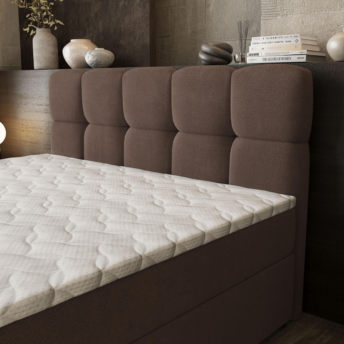 BOXBETT BRUME 160x200 cm mit Matratze und Topper, H2+H3 - Braun - Braun, Holz (160/200cm) - MASSENO